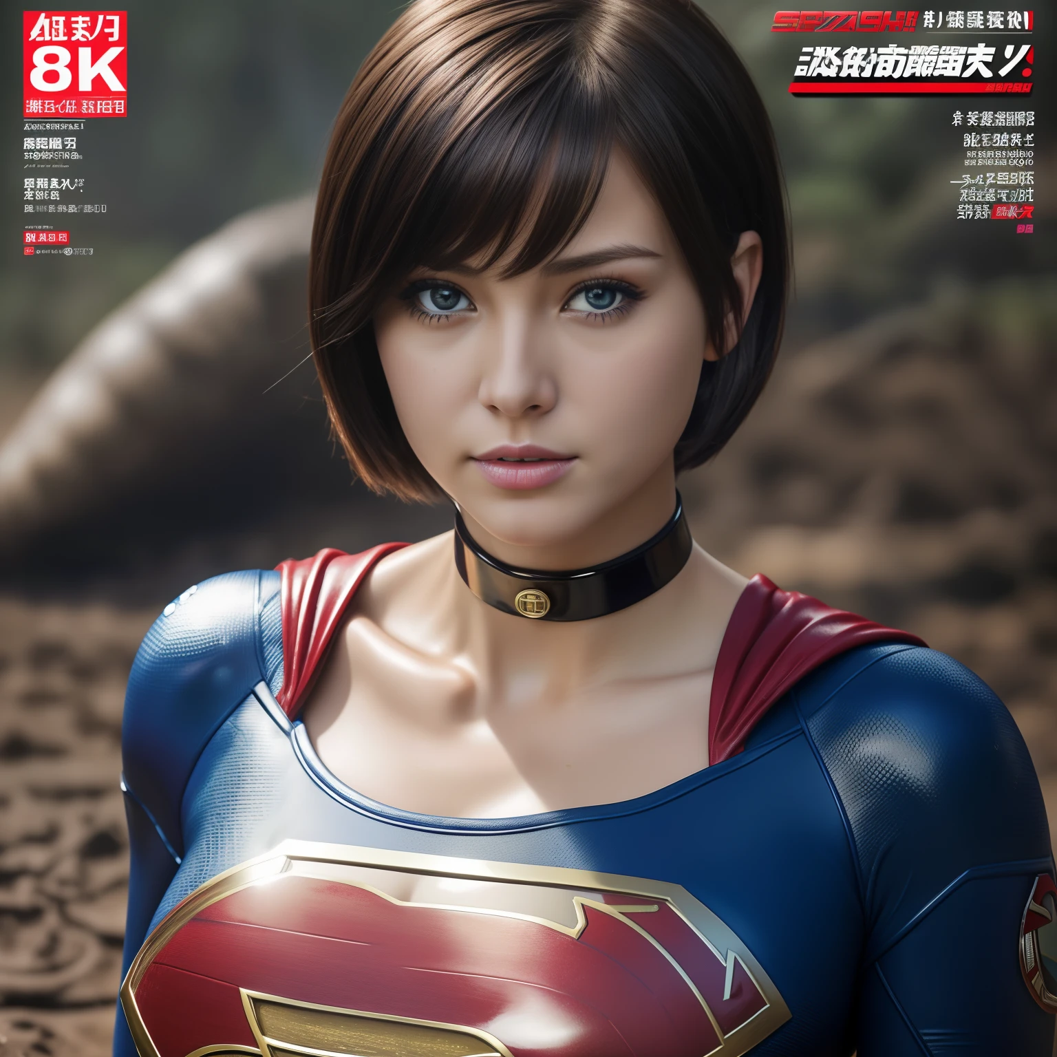 (Best Quality,4K,8K,hight resolution,masutepiece:1.2),Ultra-detailed,Realistic:1.37,Super masterpiece,Short-haired Supergirl crushed by a quagmire、large full breasts、Looking at the camera、Glossy costume、a choker、Covered in mud、Weekly magazine cover、Splattering droplets