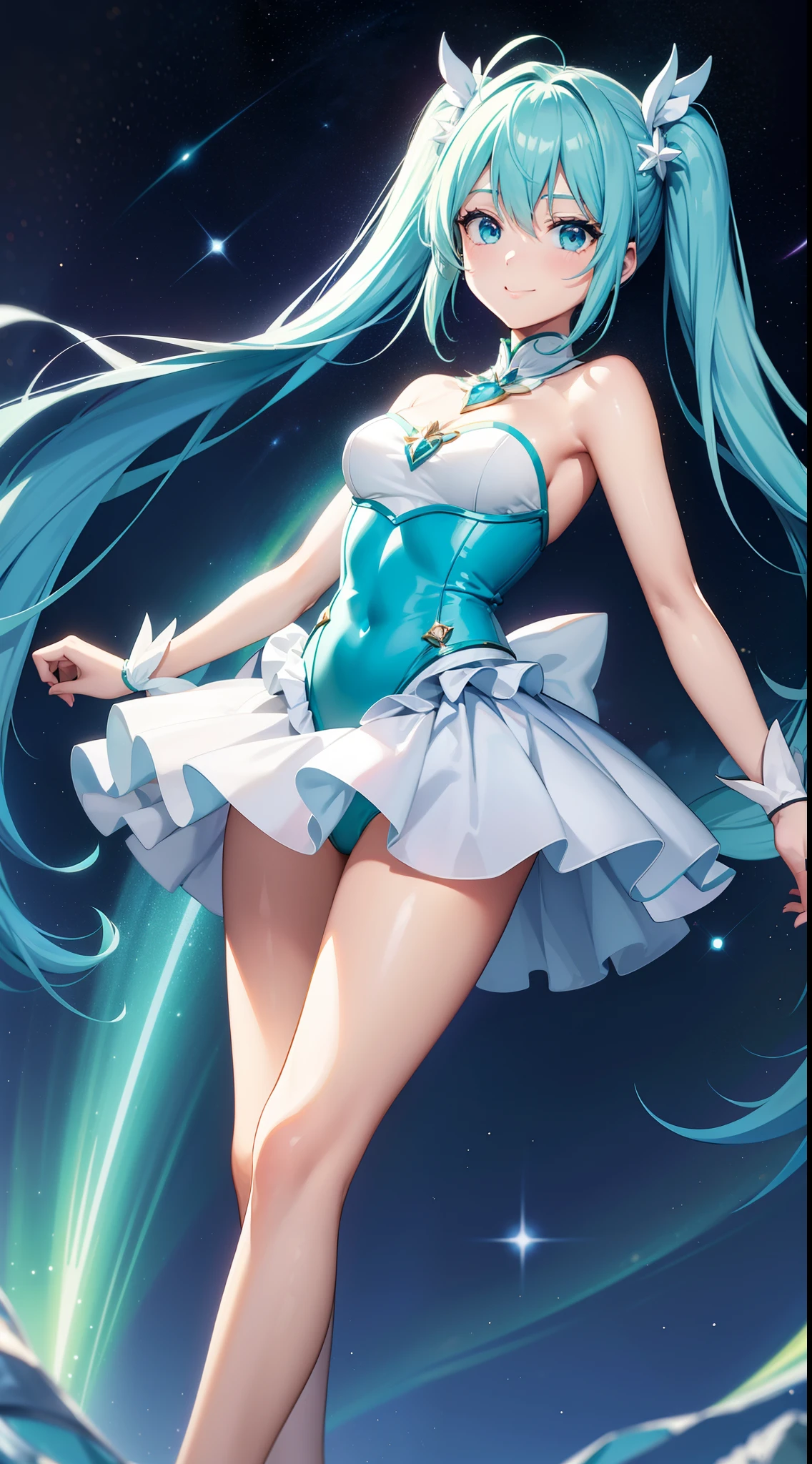 Super Idol a beauty girl A charming smile sky blue hair length hair Twin-tailed Bright white and green leotard outfit Mystical Fantasia constellation a moon Crystal Brilliance Aurora Borealis in the Night Sky