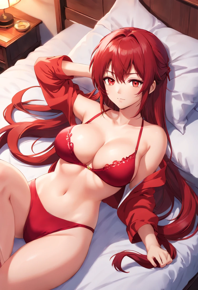 photo of Rias gremory, beautiful woman hair updo upsweep, red head, laying in bed (spreading legs), (full body:1.3), sexy figure, (big boobs:1.3), (Pajamas),(masterpiece) (best quality) (detailed) (8k) (HDR) (wallpaper) (cinematic lighting) (sharp focus)
