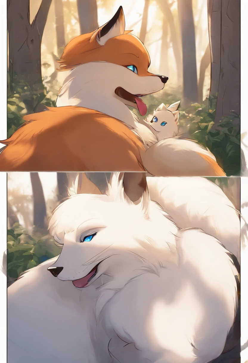 (Fluffy fox:1.3, Bright blue eyes, white fur, Fox Boy, short body:1.2, rough sex in public, dressless, thick thight, moaning, One adult, one cub:1.2, Public space, Everyone is staring:1.1)