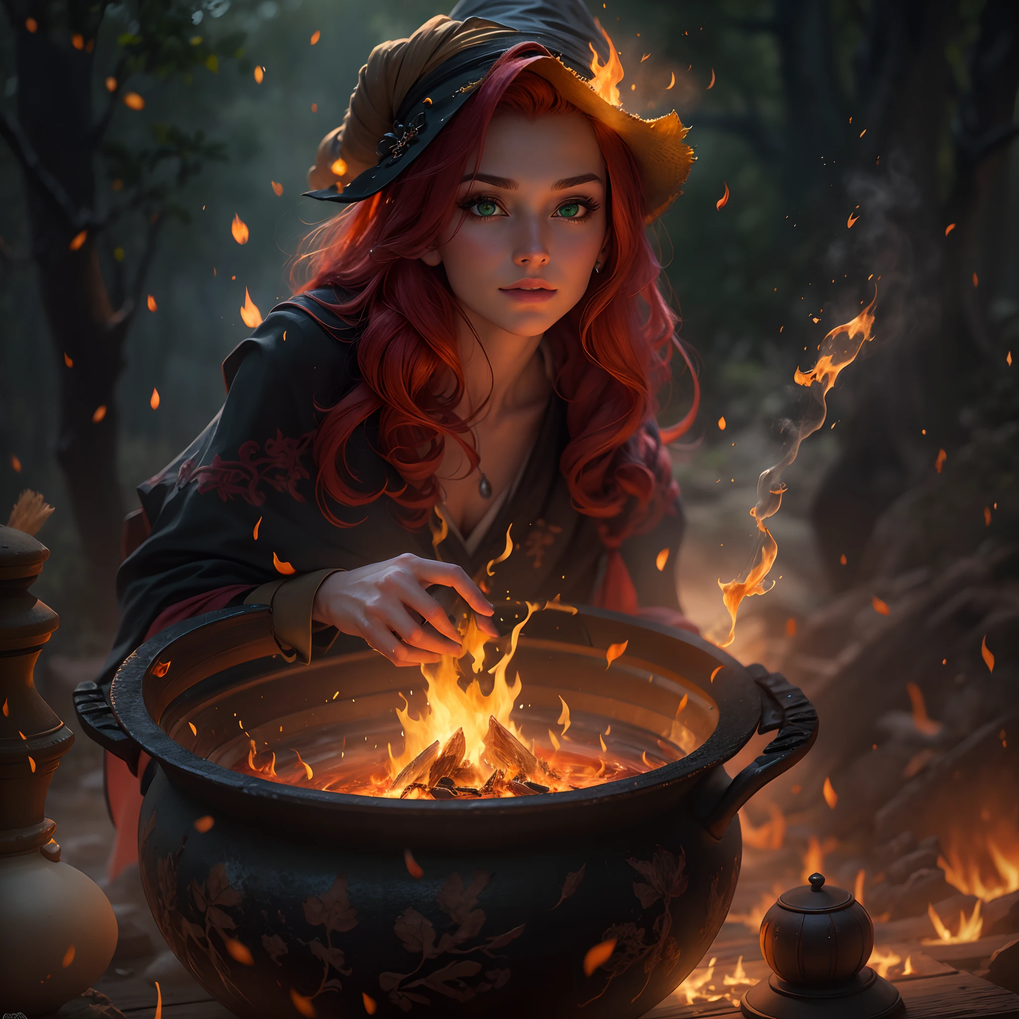 (Best Quality,4K,8K,hight resolution,masutepiece:1.2) ,Passion for rituals, ((Film grain, Bokeh, light Particle ,Dust, Extreme camera angles)),(Highly detailed 8K wallpapers), Full-length painting, Forest glades, A beautiful witch brews a potion in a cauldron on the fire, Focus your gaze on a beautiful face, Stir the kvass, Flames give glare to the body and face, witch's hat, Green eyes, redhead hair, ssmile