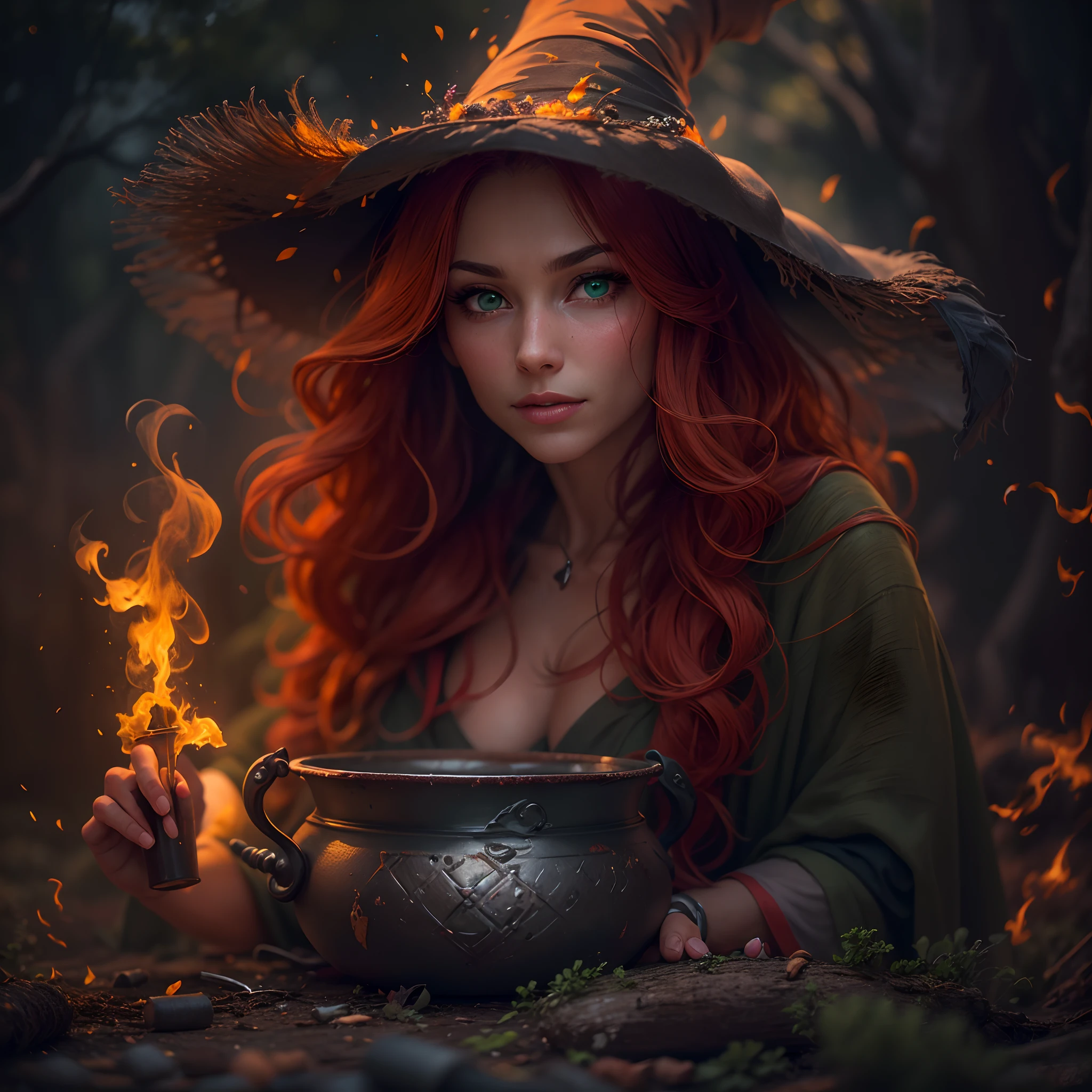 (Best Quality,4K,8K,hight resolution,masutepiece:1.2) ,Passion for rituals, ((Film grain, Bokeh, light Particle ,Dust, Extreme camera angles)),(Highly detailed 8K wallpapers), Full-length painting, Forest glades, A beautiful witch brews a potion in a cauldron on the fire, Focus your gaze on a beautiful face, Stir the kvass, Flames give glare to the body and face, witch's hat, Green eyes, redhead hair, ssmile