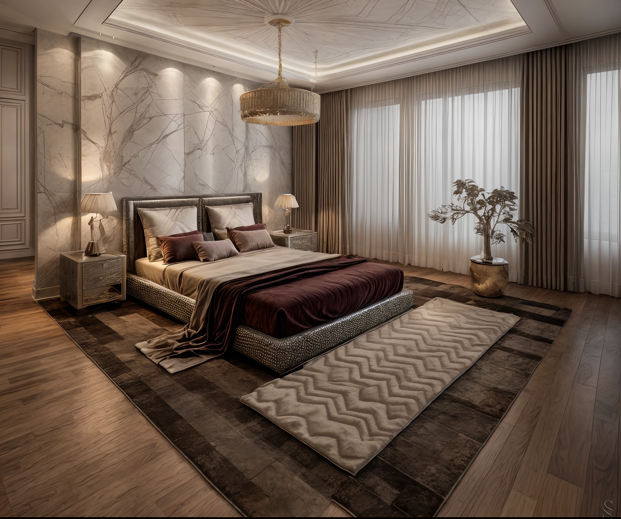 luxurybedroom,luxury, bed, rug, cozy lighting from chanderlier, (flat ceiling)