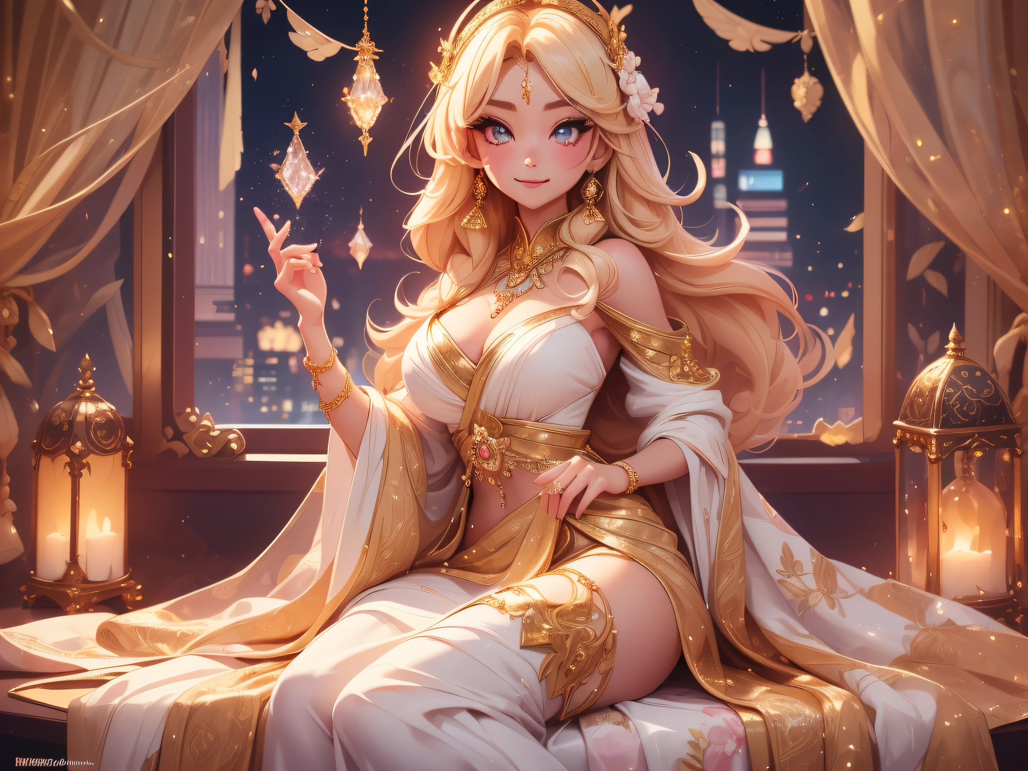 anime girl, Anime Girl, , Anime Best Girl, anime style, Posing in bed, (Anime Girl), Sitting on the bed, beautiful alluring anime , Anime Girl, , Rei Hiroe, ((8K, masterpiece :1.3)), 1girl in, Smiling, (Full body), Slim Face, Pretty Woman, (Blonde hair), full length dress :1.1, Ultra-detailed face, Detailed eyes, 二重まぶた, blur background, city,Fashion, Beautiful light ,Night, Gothic , saree, ((Best Quality, 8K, masterpiece :1.3)), 1girl in, Smiling, (Full body), Slim Face, Pretty Woman, , full length dress :1.1, Ultra-detailed face, Detailed eyes, 二重まぶた, background, city,Beautiful light ,Night, ((Close body portrait of charming beautiful goddess)), gold jewelry decoration.)) She has black crystal eyes and long white hair sliding straight down her back)), (Capture her beauty look and the ethereal elegance of her surroundings, Crystal Color, hair, Wearing diamond crystal earrings), the best lighting effect, High quality, Best Quality, Sharp Focus, hyperdetails, 8K, Vibrant colors, indian