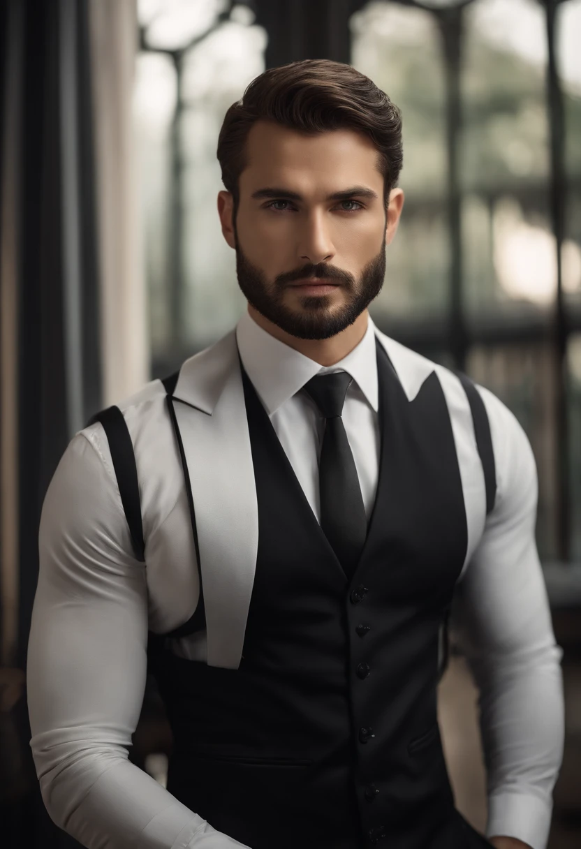 over a、Be a handsome 30-year-old man in a black suit and tie, vd, Deep blonde hair and beard, (Man in black suit and tie), ), (Use a beard,) Attractive and serious look, with short black hair, Elegant and elegant, Perfect fit and strong body shaving, (High quality, photorealistic image), Dark black and light black on the image background, Movie Steele, ((top-quality, 8K, tmasterpiece), ultra hd photo, (beautiful meticulous face, Detailed skin texture, Ultra-delicate body:1.1)Hair falls gently on the forehead