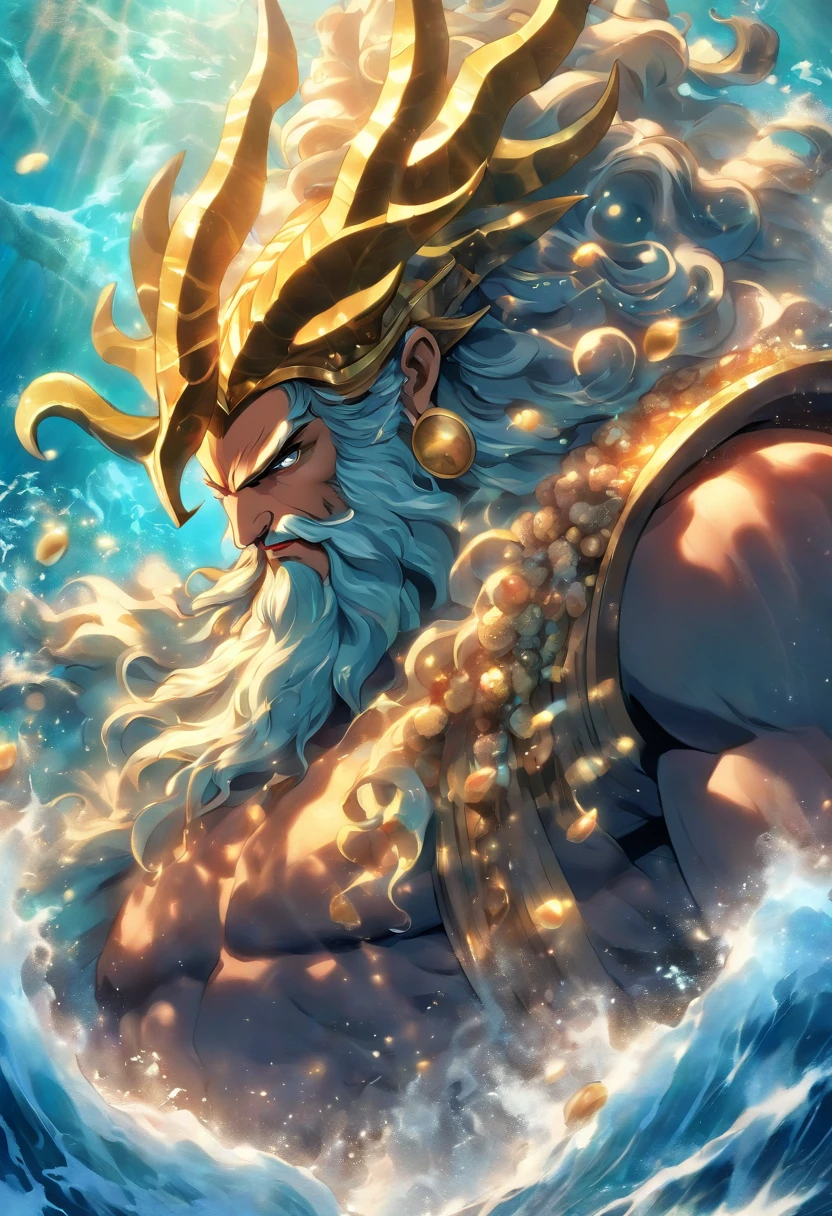 Step into the realm of the ancient gods, where Poseidon, the mighty ruler of the seas, stands tall and majestic. Envision a powerful image of Poseidon, his countenance emanating an aura of regal authority. His eyes, a mesmerizing shade of deep ocean blue, glow with an ethereal radiance, reflecting the immense power he possesses. The waves of his hair cascade down his broad shoulders, adorned with pearls and seashells, a testament to his dominion over the vast waters. Around his neck, a necklace of coral and seashells glistens, a symbol of his connection to the depths of the ocean. Poseidon's presence exudes a sense of calm and serenity, yet within him lies an unstoppable force, capable of conjuring tempests and commanding the tides. The image captures the essence of Poseidon, the god of the seas, in all his majestic glory, his illuminated eyes revealing the depths of his wisdom and might.