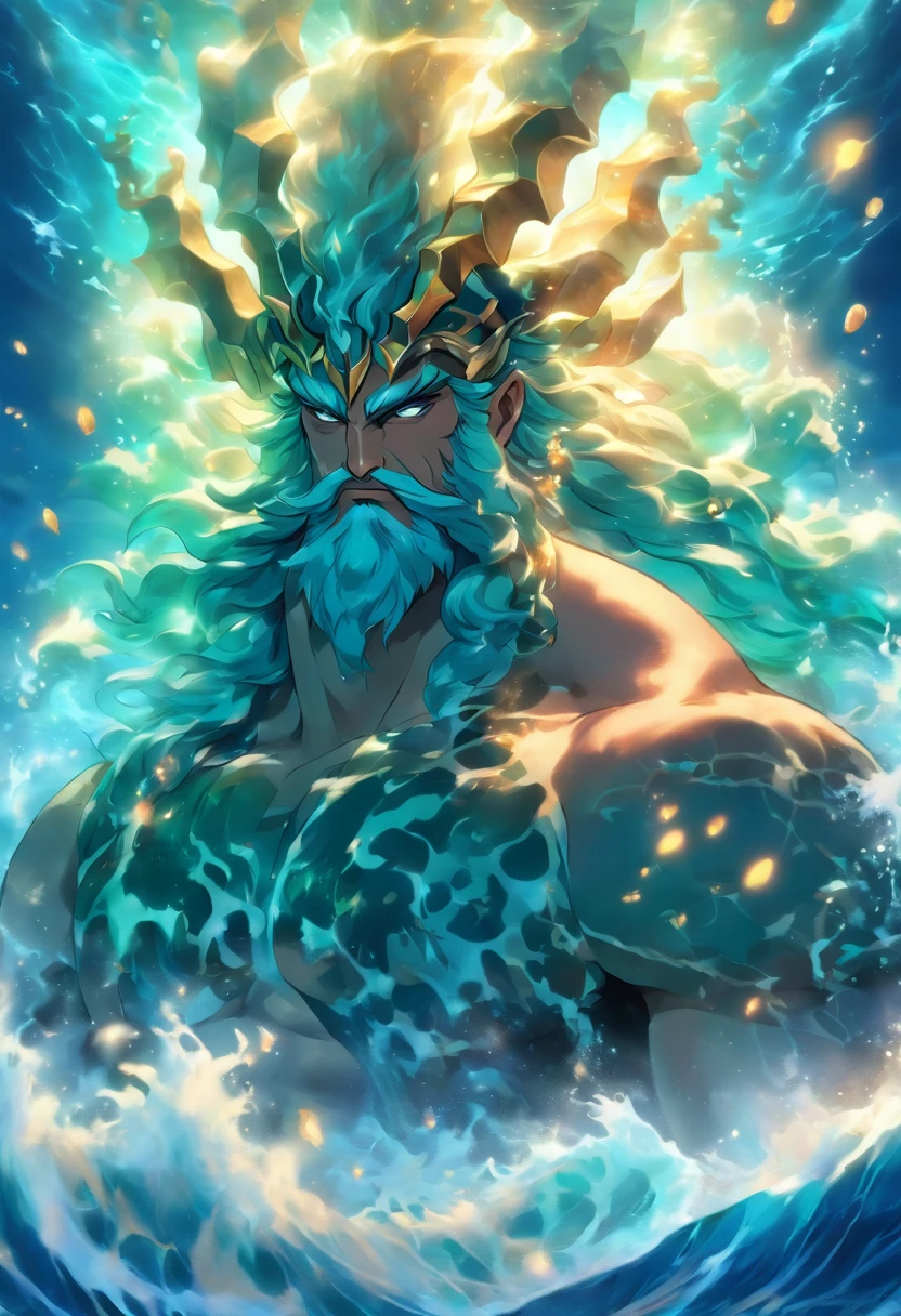 Step into the realm of the ancient gods, where Poseidon, the mighty ruler of the seas, stands tall and majestic. Envision a powerful image of Poseidon, his countenance emanating an aura of regal authority. His eyes, a mesmerizing shade of deep ocean blue, glow with an ethereal radiance, reflecting the immense power he possesses. The waves of his hair cascade down his broad shoulders, adorned with pearls and seashells, a testament to his dominion over the vast waters. Around his neck, a necklace of coral and seashells glistens, a symbol of his connection to the depths of the ocean. Poseidon's presence exudes a sense of calm and serenity, yet within him lies an unstoppable force, capable of conjuring tempests and commanding the tides. The image captures the essence of Poseidon, the god of the seas, in all his majestic glory, his illuminated eyes revealing the depths of his wisdom and might.