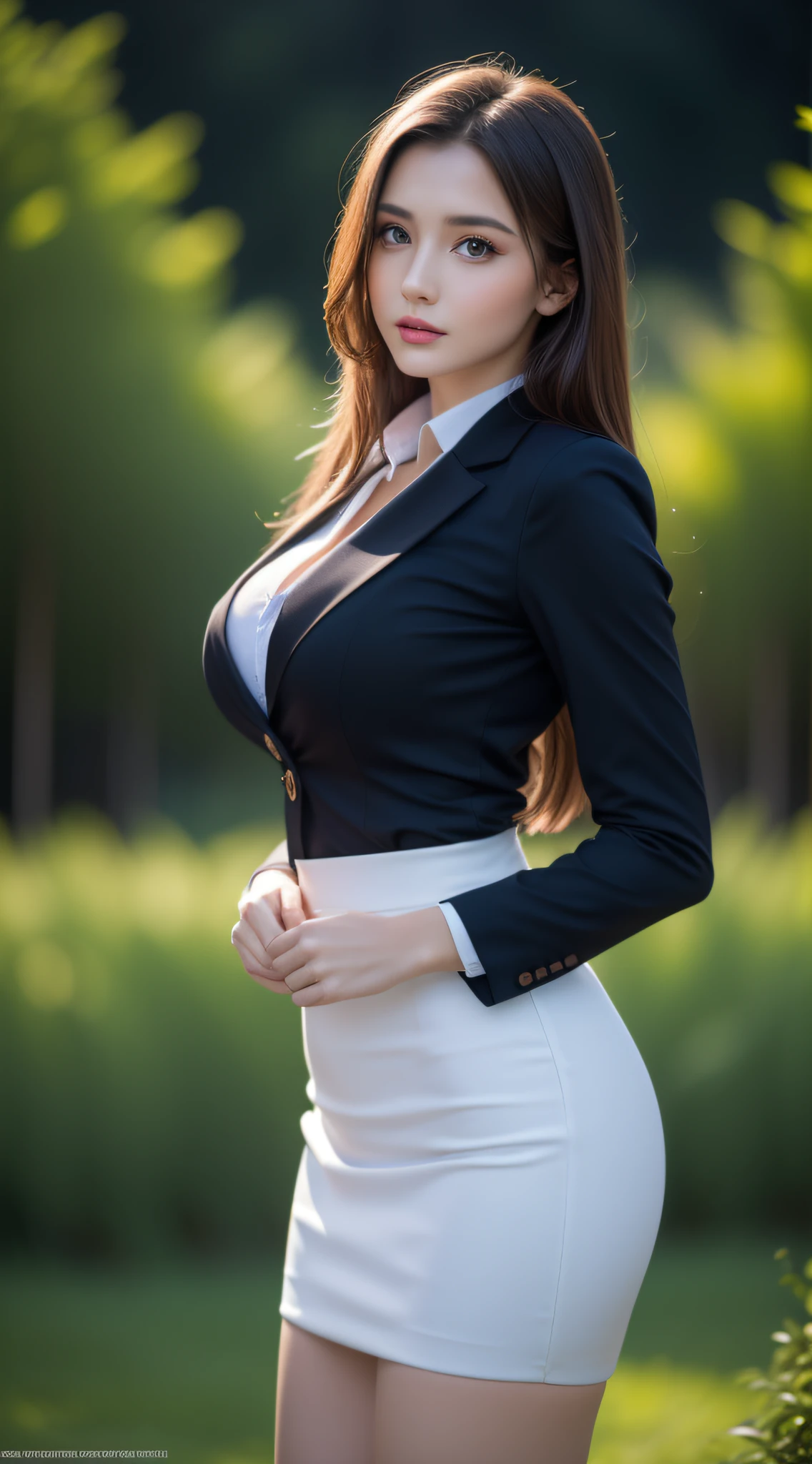 (1girl), Beautiful, Amazing face and eyes, makeup, (extremely detailed beautiful face), (the most sexy look), (Beautiful big breasts:1.1), (Best Quality:1.4), (Ultra-detailed), (extremely detailed CG unified 8k wallpaper), Highly detailed, raw photos, Professional Photography, ((Business Suit)), (tight skirt), (Business shirt with open), (no panties:1.3), (Spread your legs), Outdoors, ((forest)), (beautiful sunset), ((Bokeh)), depth of fields, (View from below),