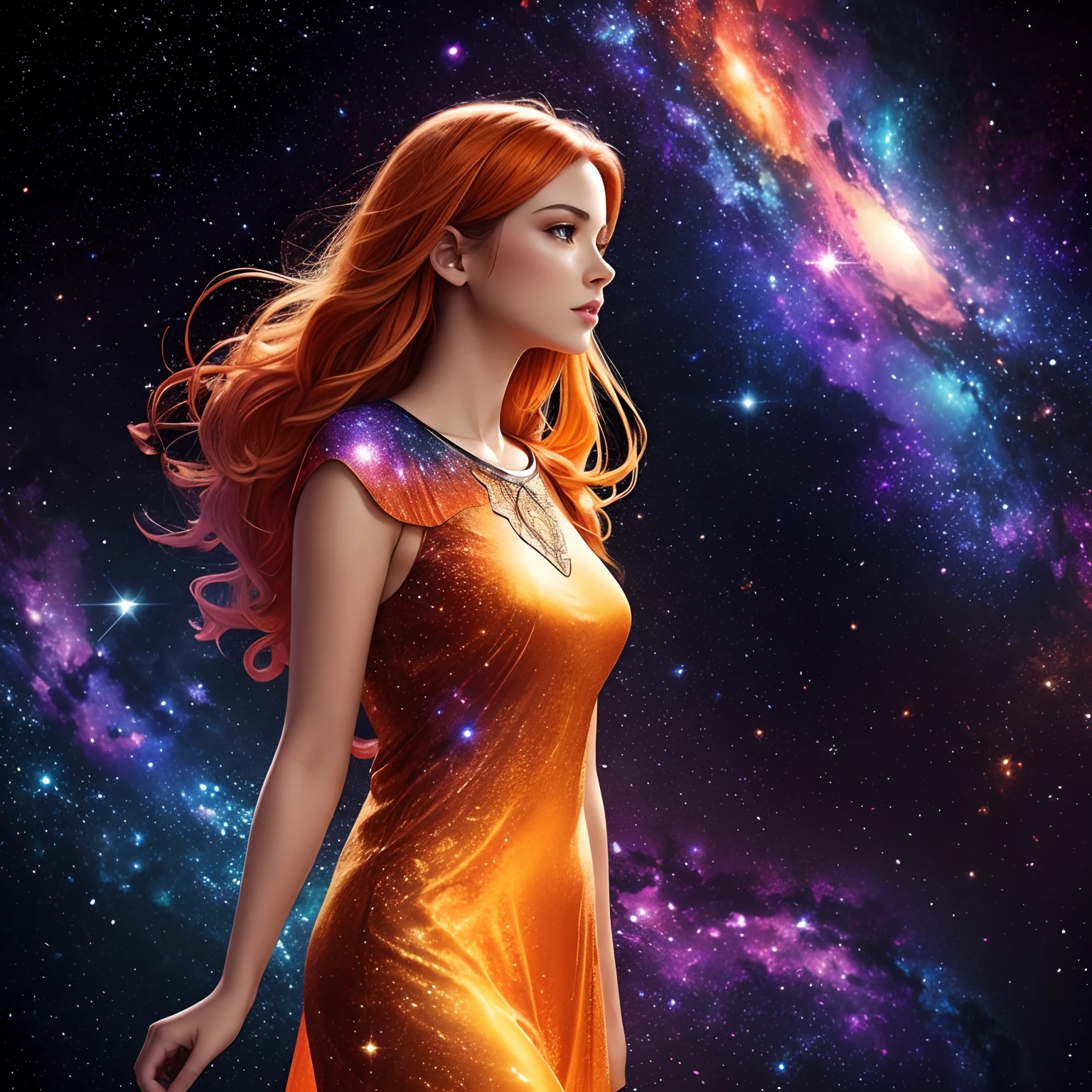 an orange　photo realistic woman　angelicales　colorful galaxy