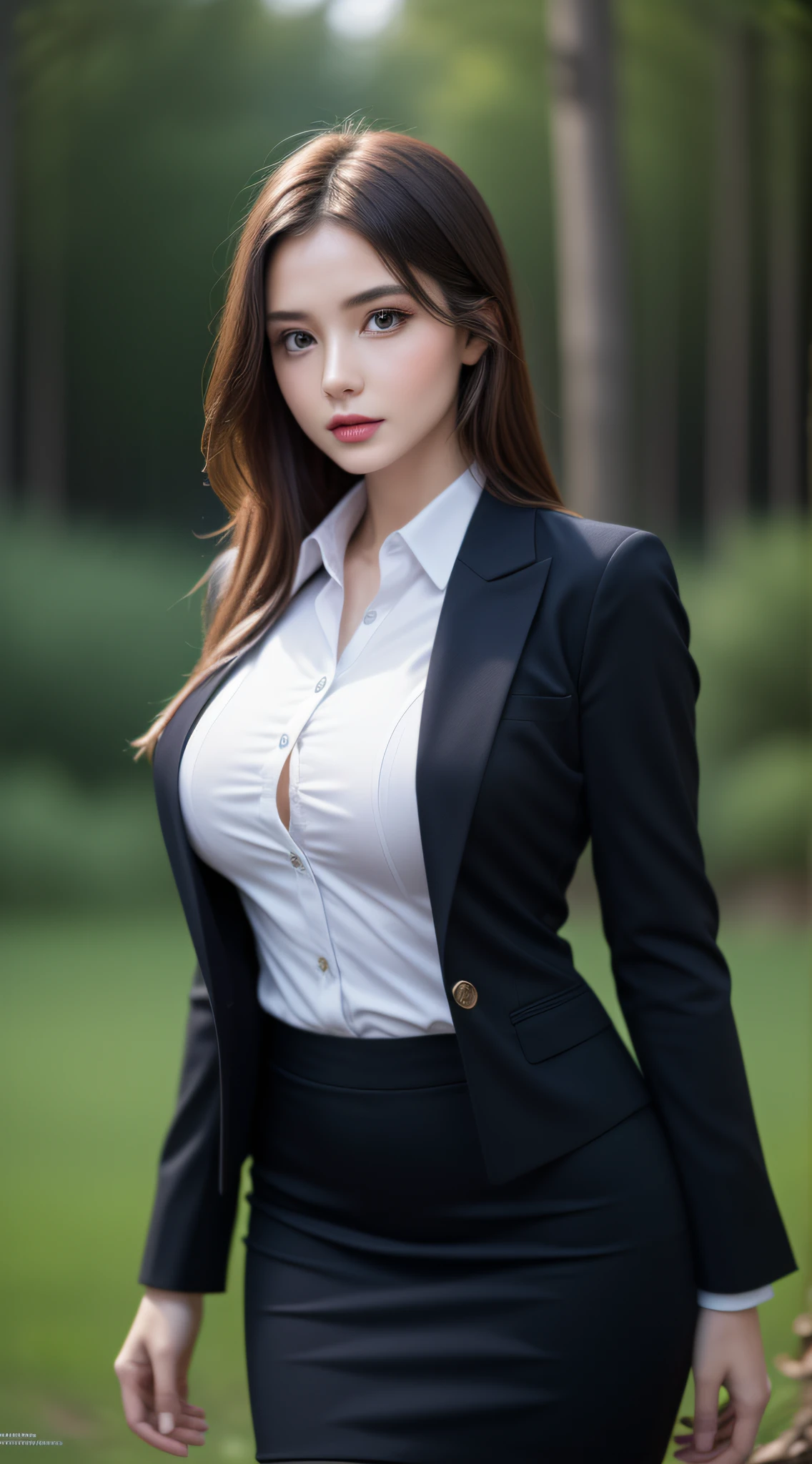 (1girll), Beautiful, amazing face and eyes, Makeup, (extremely detailed beautiful face), (The sexiest look), (Beautiful big breasts:1.1), (Best quality:1.4), (Ultra-detailed), (Extremely detailed CG unified 8K wallpaper), Highly detailed, RAW photos, Professional photography, ((Business suit)), (Tight skirt), (Open business shirt), (:1.3), (Spread your legs), Outdoors, ((forest)), (Beautiful sunset), depth of fields, (View from below),