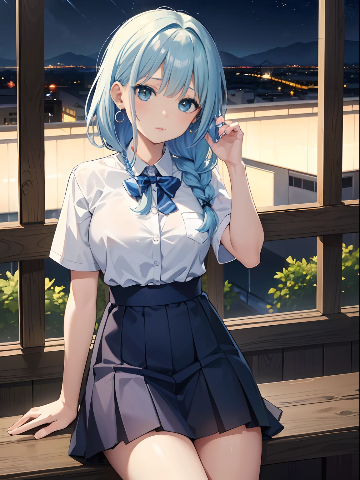 highres,best quality, official art, masterpiece, textile shading,8K,absurdres
a cute girl,medium hair,light blue hair, asymmetrical hair , single braid ,side braid,medium breasts,makeup,school uniform , cowboy shot ,sitting,scenery,hair ornament,night view, earrings