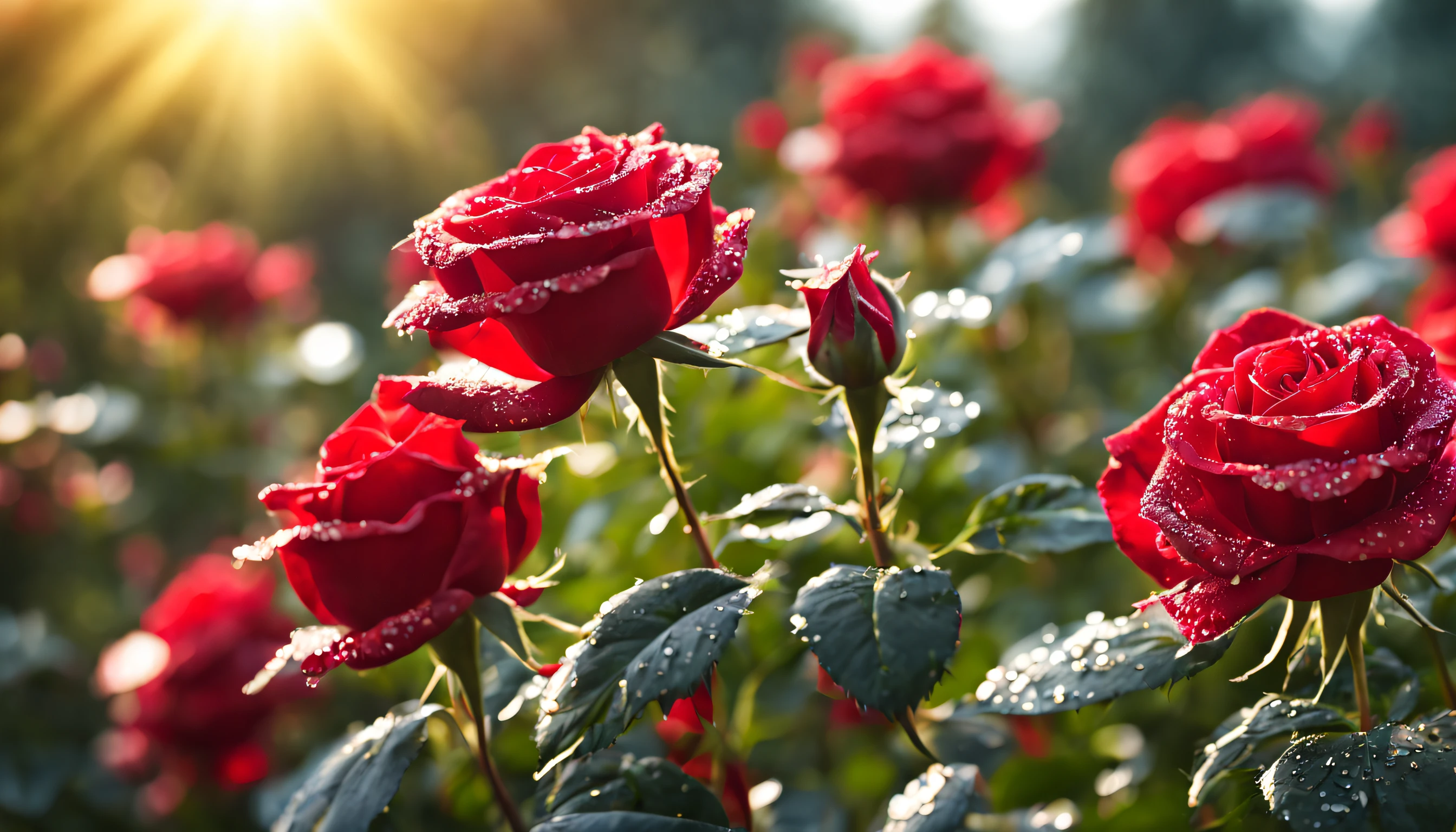 Many red rose flowers in the garden and sunlight with bokeh, dew drops on flower petals (masterpiece, ultra quality, high resolution, 8k, intricate: 1.2), (masterpiece), (best quality:1)