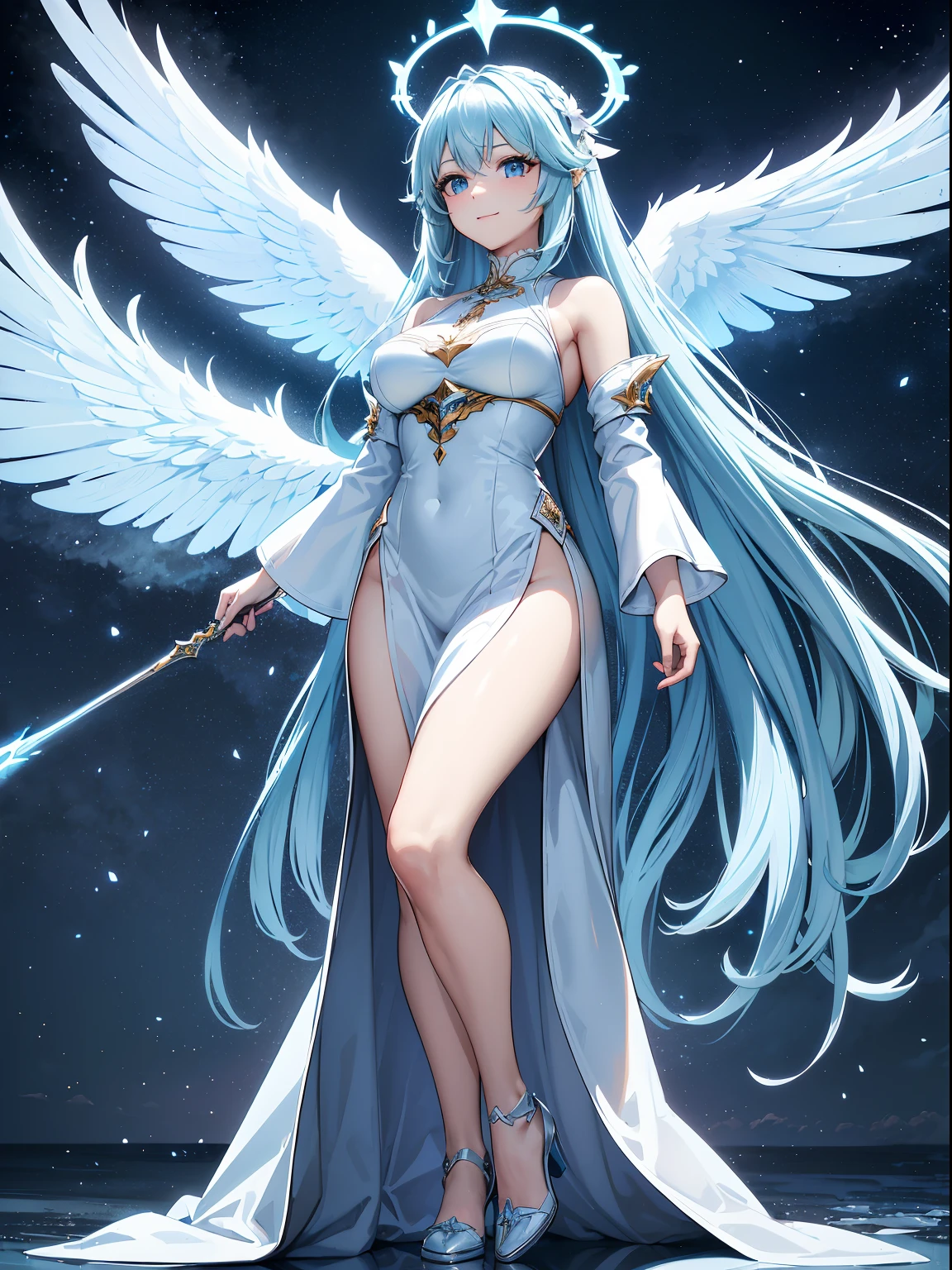 (best quality, 4k, 8k, high resolution, masterpiece: 1.2), ultra-detailed, hauntingly beautiful, powerful, mystical, majestic, mysterious, enchanting, elegant, seductive, goddess, beauty, attractive, divine,  long white dress, Divine dress,floating, shining, robes fluttering, delicate and detailed features, piercing eyes, radiant skin, on a bed, a shining tower, vast wuarto, divine beauty, solemn atmosphere