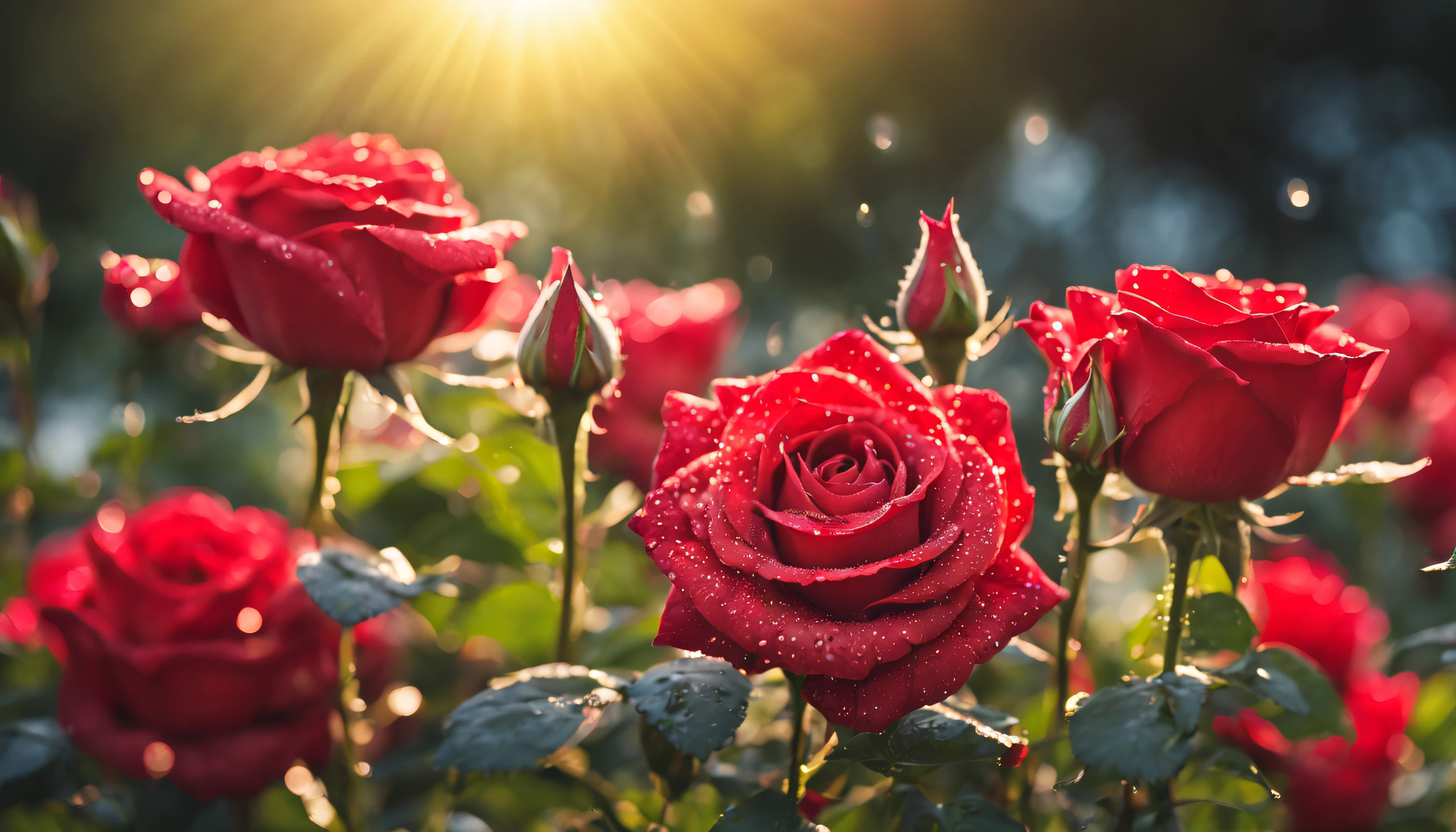Many red rose flowers in the garden and sunlight with bokeh, dew drops on flower petals (masterpiece, ultra quality, high resolution, 8k, intricate: 1.2), (masterpiece), (best quality:1)