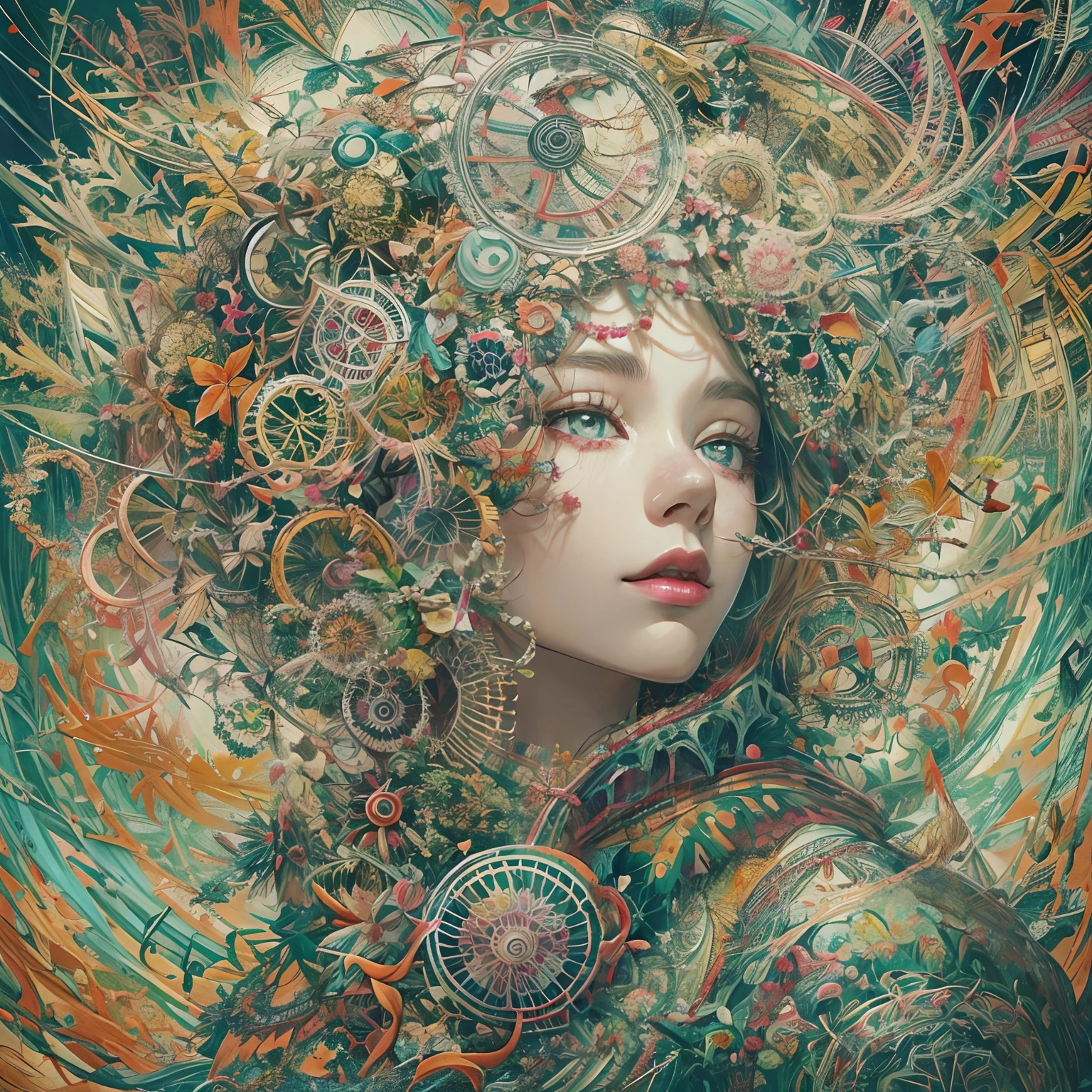 Official art, Unity 8k壁纸, ultra-detailliert, Beautiful and aesthetic, masutepiece, Best Quality, (Zentangle, mandalas, Tangle, Entangle), (Fractal Art:1.3) ,( 1girl in:1.4), Extremely detailed, Dynamic Angle, cowboyshot, Most Beautiful Form of Chaos, Elegant, a brutalist designed, vivd colour, romanticism, by james jean, roby dwi antono, by Ross Tran, Francis Bacon, michal mraz, Adrian Ghenny, petra cortright, Gerhard Richter, Takato Yamamoto, Ashley Wood, Atmospheric, ecstasy of musical notes, streaming musical notes visible,gear wheel