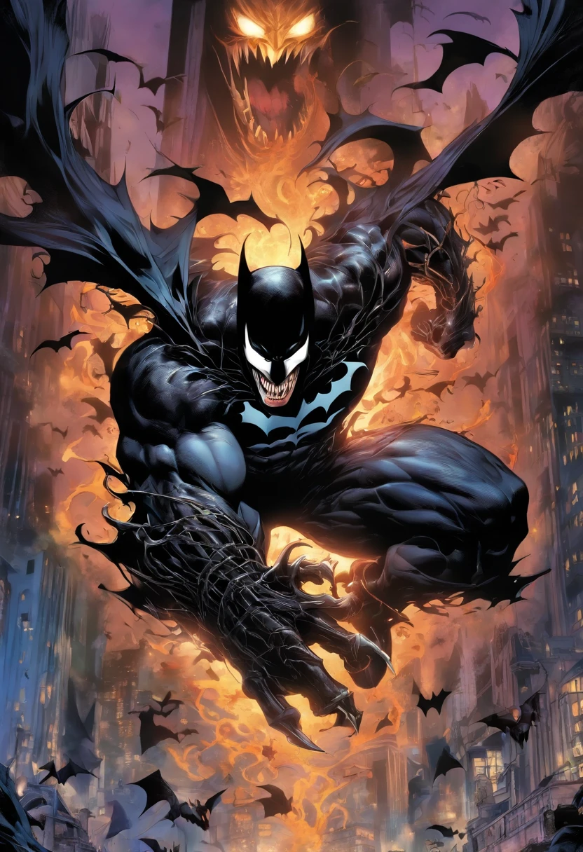 Dive into the depths of darkness and witness the mesmerizing fusion of two iconic figures: Venom and Batman. Envision a chilling image that combines the sinister allure of Venom with the brooding strength of Batman. Picture a symbiotic union, where the black tendrils of Venom intertwine with Batman's iconic bat suit, creating an otherworldly amalgamation of power and justice. The fusion forms a formidable figure, standing tall and imposing, exuding an aura of enigmatic menace. The venom-infused bat symbol on their chest pulsates with a malevolent energy, a symbol of their newfound strength and duality. Within their eyes, a piercing glow penetrates the darkness, reflecting the inner struggle between the darkness and the light. The amalgamated creature's silhouette cuts through the shadows, displaying a formidable presence that strikes fear into the hearts of evildoers. This image captures the thrilling fusion of Venom and Batman, a fusion that embodies both the relentless vengeance of the Dark Knight and the insidious power of the symbiote, creating a force that is both terrifying and awe-inspiring.