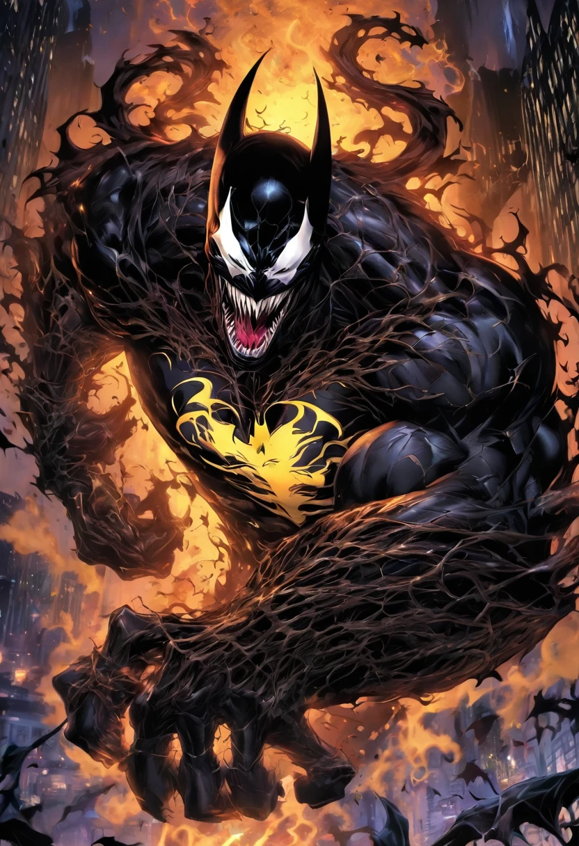 Dive into the depths of darkness and witness the mesmerizing fusion of two iconic figures: Venom and Batman. Envision a chilling image that combines the sinister allure of Venom with the brooding strength of Batman. Picture a symbiotic union, where the black tendrils of Venom intertwine with Batman's iconic bat suit, creating an otherworldly amalgamation of power and justice. The fusion forms a formidable figure, standing tall and imposing, exuding an aura of enigmatic menace. The venom-infused bat symbol on their chest pulsates with a malevolent energy, a symbol of their newfound strength and duality. Within their eyes, a piercing glow penetrates the darkness, reflecting the inner struggle between the darkness and the light. The amalgamated creature's silhouette cuts through the shadows, displaying a formidable presence that strikes fear into the hearts of evildoers. This image captures the thrilling fusion of Venom and Batman, a fusion that embodies both the relentless vengeance of the Dark Knight and the insidious power of the symbiote, creating a force that is both terrifying and awe-inspiring.