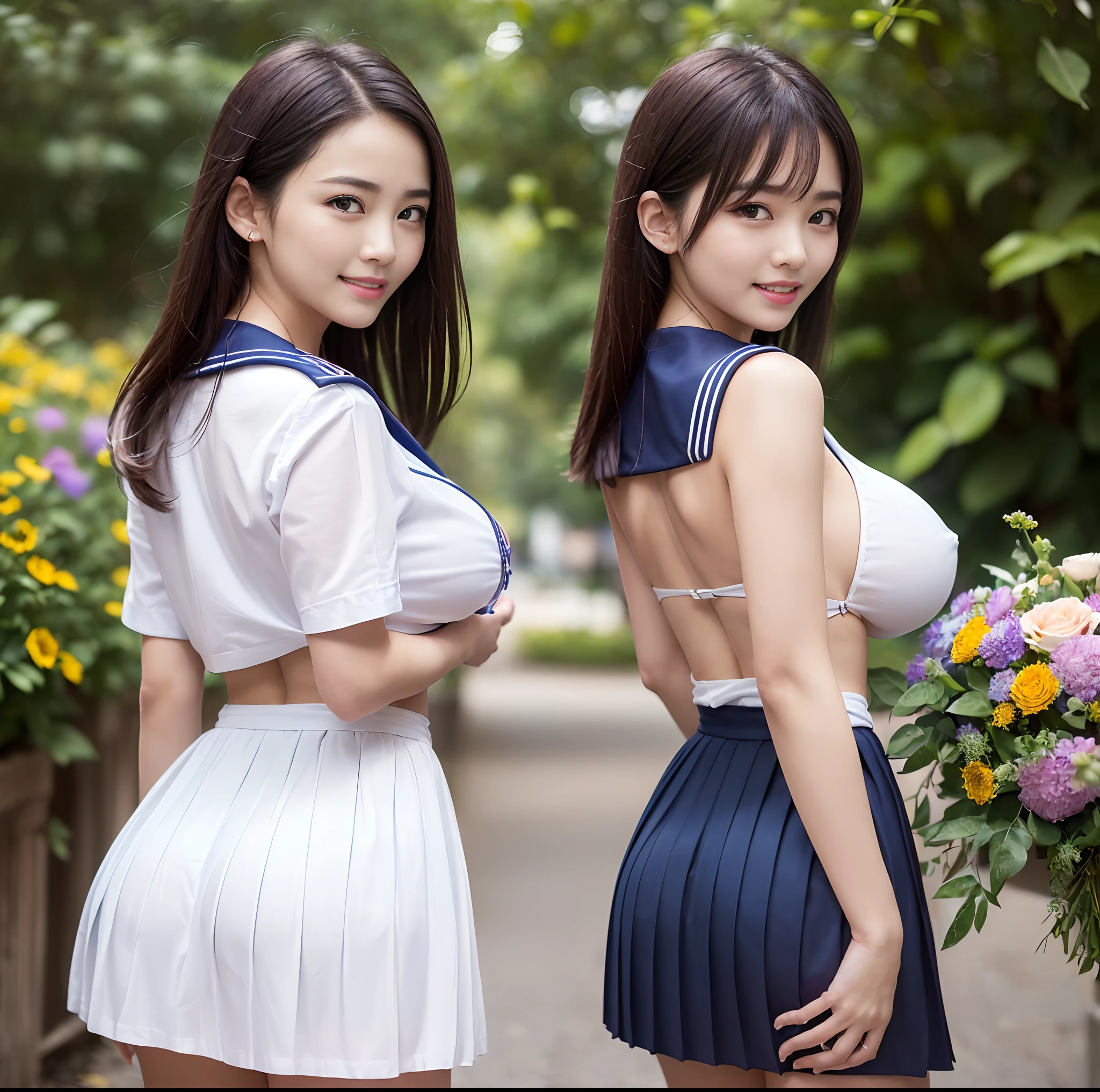 (top-quality)、 (​masterpiece)、(Professional lighting with fewer shadows)、 (A hyper-realistic)、 (perfect anatomia)、 (In front of the camera、There are two women、Forward and backward、That and bangs and forehead), ( Huge breasts:1.4), (Bright and even whitening skin without wrinkles and steps), (Beautiful blue eyes with long eyelashes and red tear bags)、 (Her costume is naked, But on top of that, Wear only a micro mini pleated skirt and cramped sailor suit:1.7), (Two people are surrounded by flowers, Face the front in front of the camera、stick out chest:1.5), (Another person on the other side、Stick your huge ass back with your back turned:1.3), (With one hand on the back of the head, the beautiful face is full of smiles.),