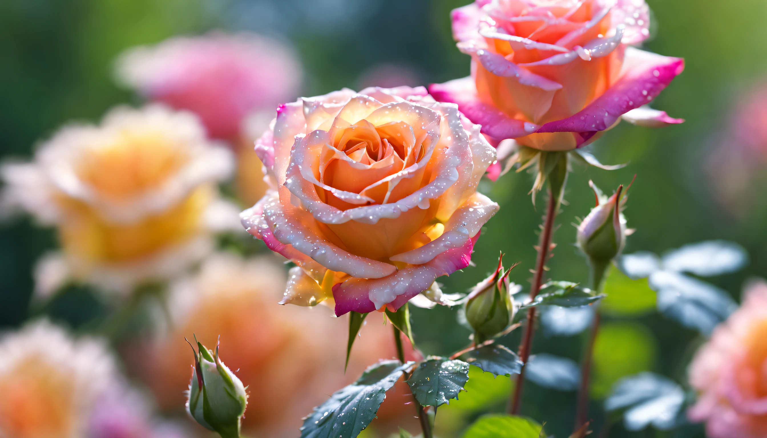 Many rose flowers in the garden and sunlight with bokeh, dew drops on flower petals (masterpiece, ultra quality, high resolution, 8k, intricate: 1.2), (masterpiece), (best quality:1)