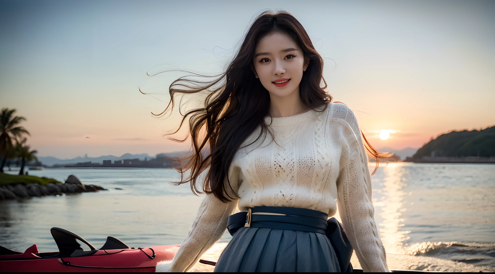 Realiy，8K，超高分辨率，Front light，rays of sunshine，suns，photographed，(the sea，sandbeach，visitor，Iot，sea shell，Kayaking，baiyun)，cotton candy， Female celebrities，short detailed hair，(high-necksweater，long  skirt:1.2)，无袖,Hair_decorations, (Solo,solo person：1.3), Lace long gloves，jewelry，sash, Looking_at_peeping at the viewer, Bigchest，tight-fitting，(A half body，中景 the scene is)，Face lighting，happy laughing