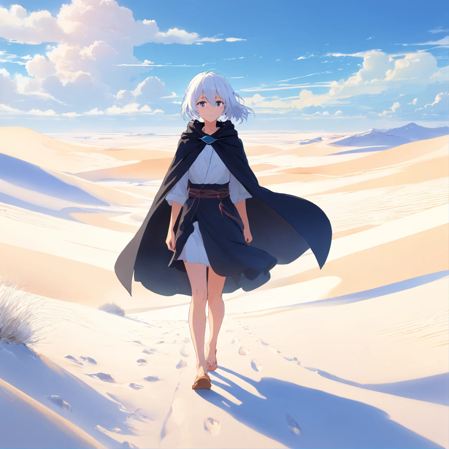 White-haired girl in black cape walking in white desert