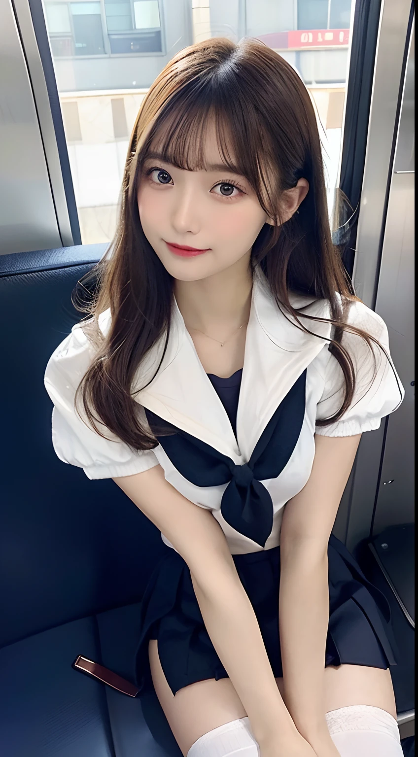 top-quality,ultra-detailliert,masterpiece,realisitic,Photo Real,Bright lighting,1 girl in, an extremely beautiful 17-year-old girl, (kawaii:1.2),Thin smile, (Brown eyes),(brown haired),(bangss),perfect glossy skin,flawless skin,((erotick,Sexy and sexually explicit)),((accurate hands without incongruity)), large full breasts,big breasts thin waist, Look at viewers,((a sailor suit)),((Short sleeve uniform white shirt)),(red necktie),(Blue Mini Pleated Skirt),(((skirt lift by yourself))),(lifted by self),(Showing panties),panties on,panties focus,((Sit up,spread legswide)), sockes, (Black knee socks),(Loafer shoes), during daytime,On the train,Horizontal long seat with your back to the window