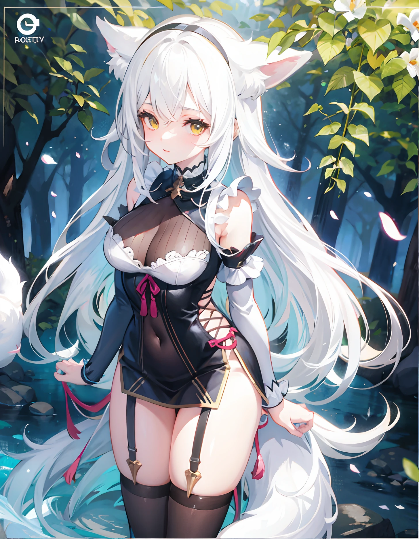 Anime girl posing in woods with white hair and black stockings, White-haired fox, From the night of the ark, white-haired god, white haired Cangcang, White Cat Girl, trending on artstation pixiv, White-haired, white fox anime, Official artwork, a sexy maid in a magical forest, arknight, Perfect white haired girl, Digital anime illustration