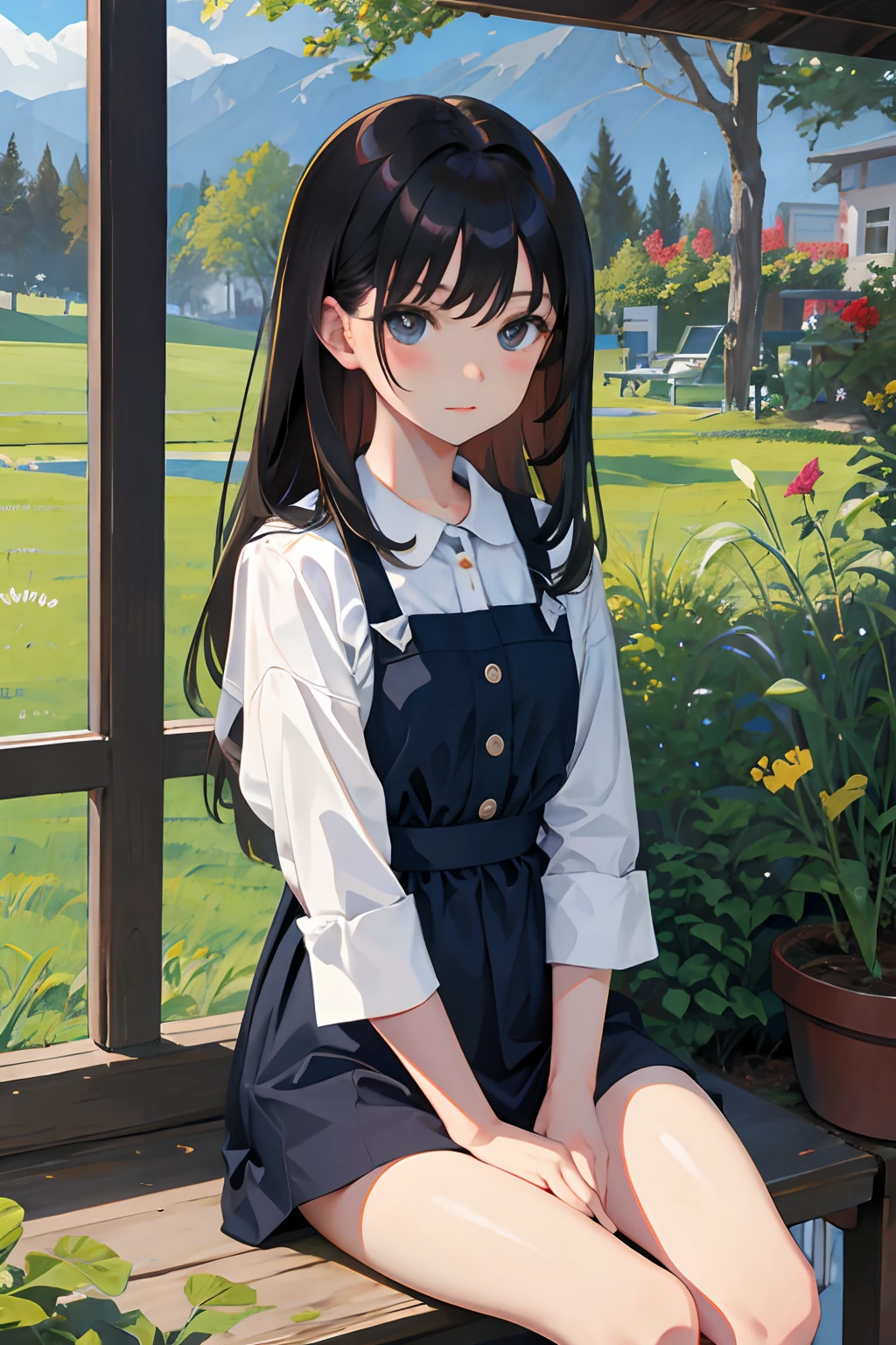 hand between legs,child,(masterpiece,Highest Quality),Pasture,A dark-haired