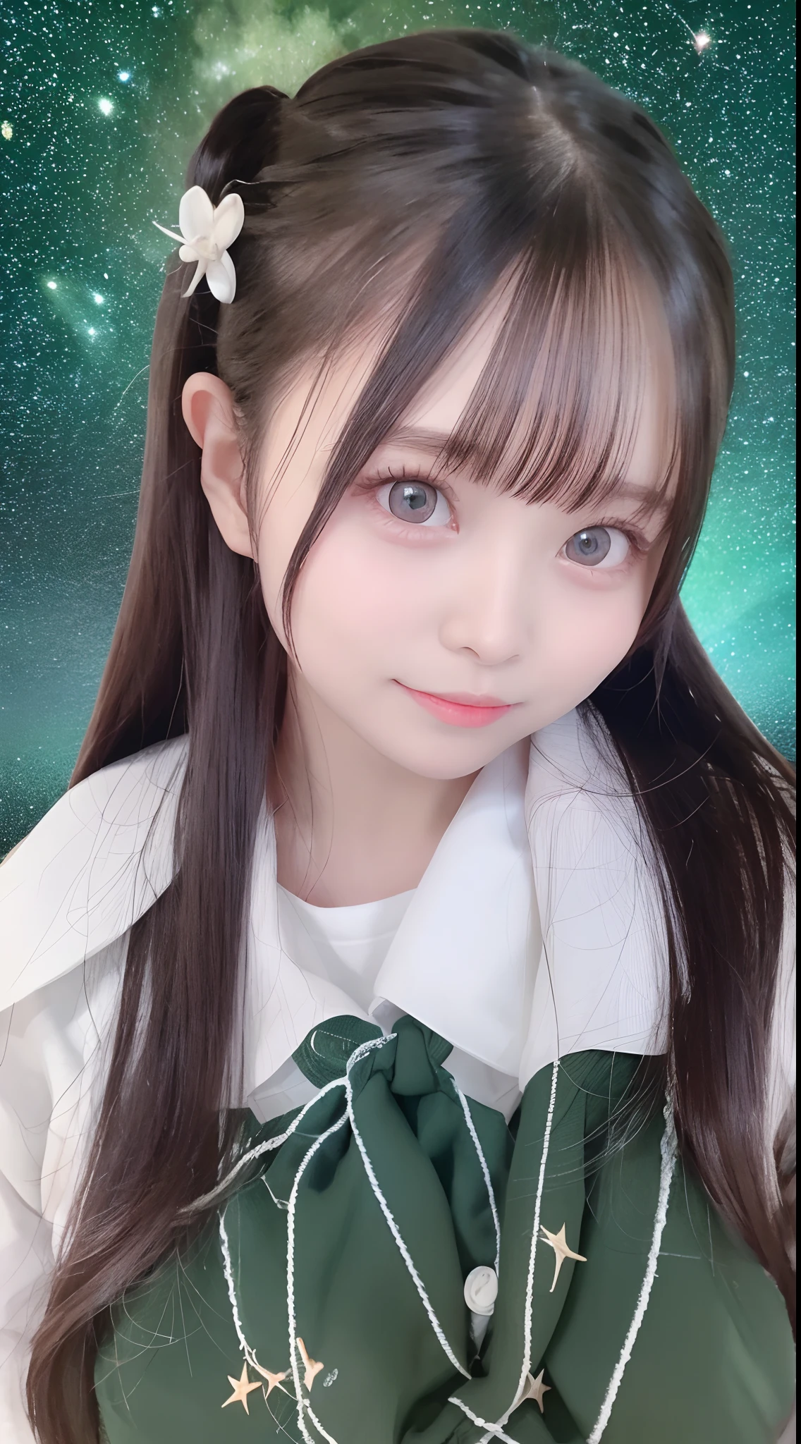 schoolgirls,Beach starry sky,green color,the night, Best quality, Super detailed,,Upper body avatar photo,Close-up of avatar,