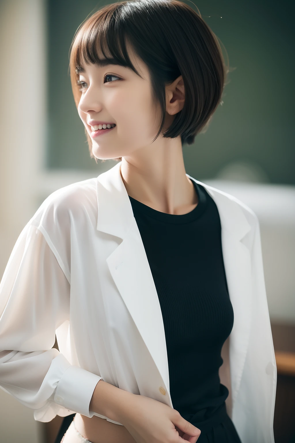 top-quality、​masterpiece、20yr old、Bedroom、boyish、Boyish girl、Cool Girl、short-hair、A dark-haired、Masculine fashion、4ｋ、8K、White shirt with peony open、Black panties on lower body、Clear focus、A detailed eye、Natural smile、profile、Stick your hand in your pants