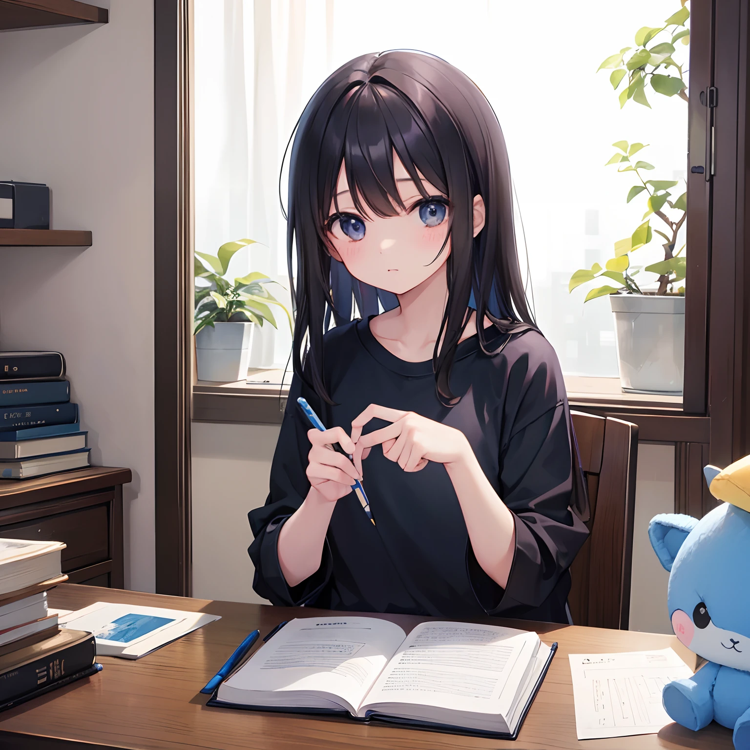 1girl in、1人、Dark hair、Black eyes、length hair、Blue shirt、Duan、desk、study、notebook、pens、plushies