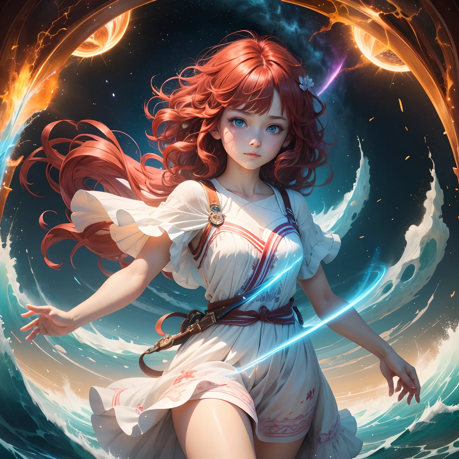 Extremely detailed, Vibrant colors, zori, Girl drifting in spiritual realm with waves of different colors and streaks of light, Wearing a white dress that transmits light, With an enthusiastic look, looking distantly, Ultra's dark face and blue eyes, peaceful face, Empty eyes, Red hair, Short hair, Wavy Hair