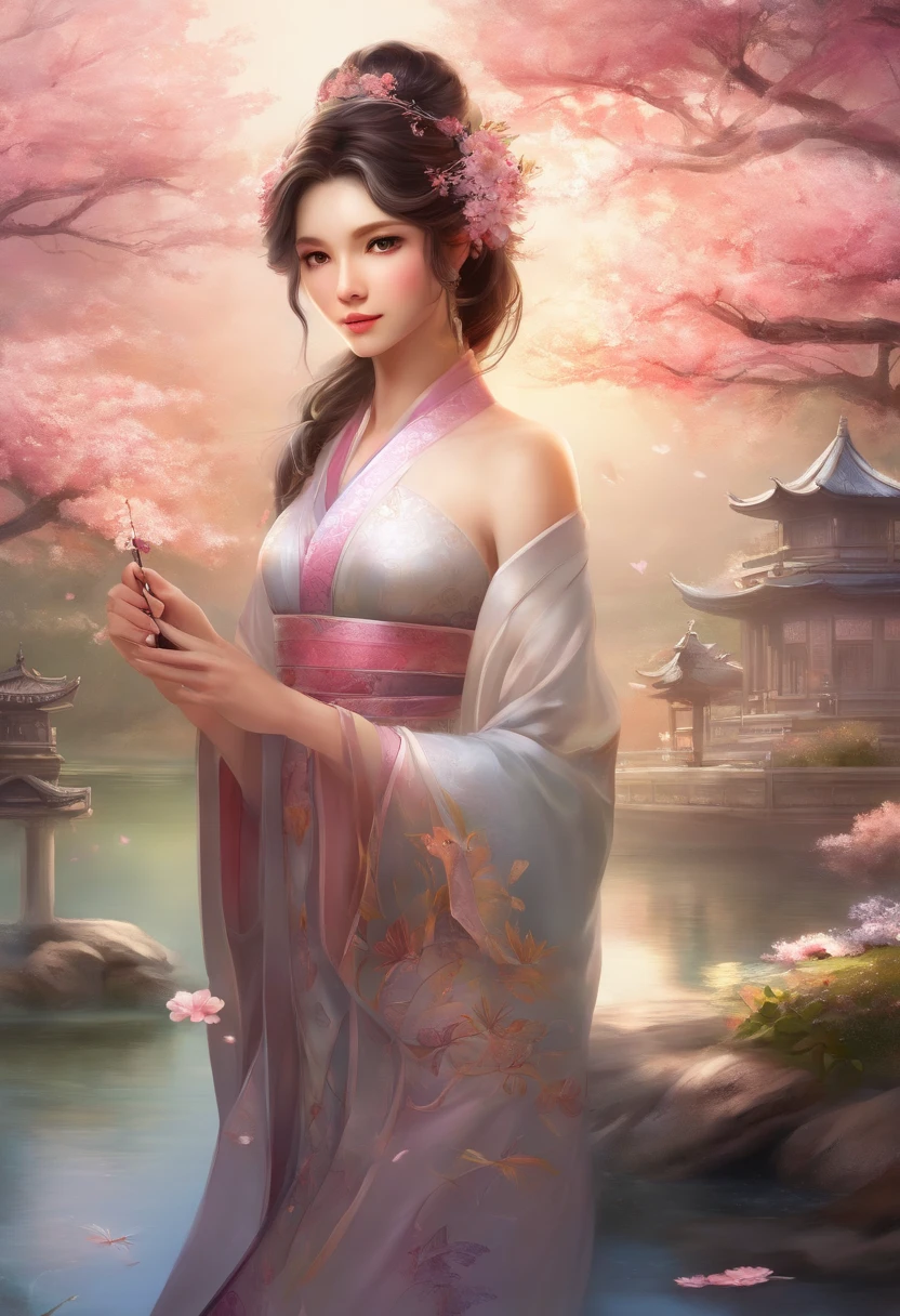 Envision a poised young lady exuding grace as she delicately holds a branch adorned with cherry blossoms. Surround her with a traditional Japanese garden, resplendent in vivid blooms, tranquil koi ponds, and an intricately designed pagoda. Allow the gentle radiance of the emerging sun to bathe the scene, imbuing it with an air of tranquility, allure, and enigmatic charm.