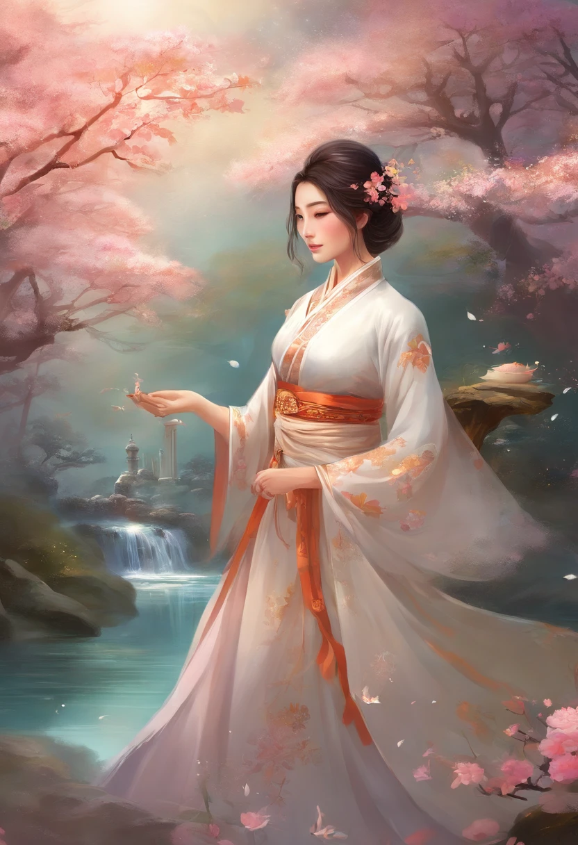 Envision a poised young lady exuding grace as she delicately holds a branch adorned with cherry blossoms. Surround her with a traditional Japanese garden, resplendent in vivid blooms, tranquil koi ponds, and an intricately designed pagoda. Allow the gentle radiance of the emerging sun to bathe the scene, imbuing it with an air of tranquility, allure, and enigmatic charm.