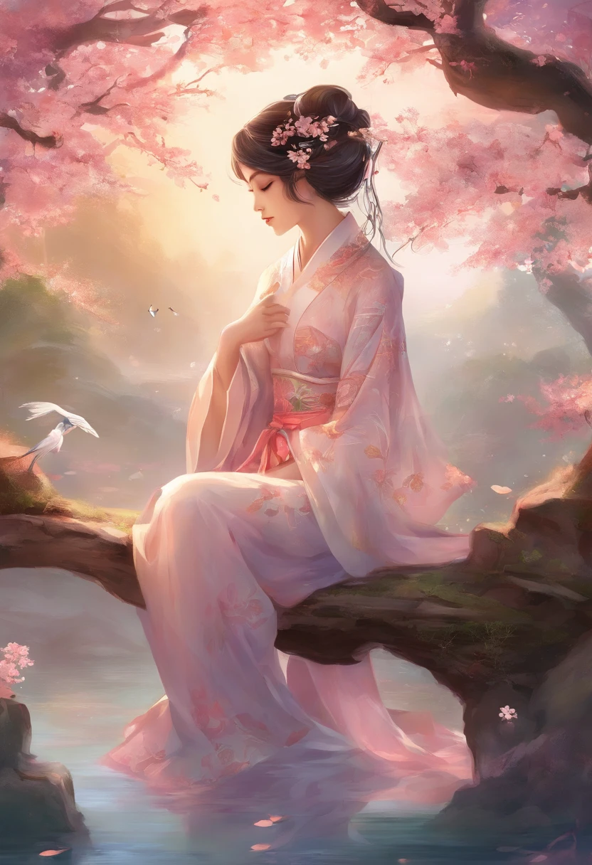 Envision a poised young lady exuding grace as she delicately holds a branch adorned with cherry blossoms. Surround her with a traditional Japanese garden, resplendent in vivid blooms, tranquil koi ponds, and an intricately designed pagoda. Allow the gentle radiance of the emerging sun to bathe the scene, imbuing it with an air of tranquility, allure, and enigmatic charm.