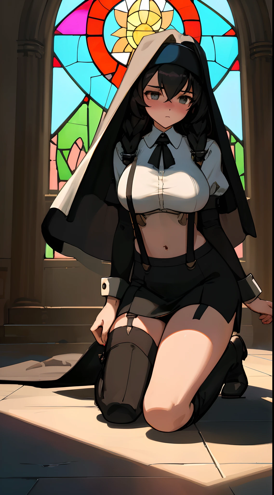 (Kneel on the ground:2.0),Kneeling pose,A blush on the face,Cat-eared female warrior,black suspenders stockings,closeup cleavage, The world of dreams, relic, 废墟,Cat ears,White-colored skin的女孩 , put on collar,Cat-eared girl, White-colored skin, High ponytail details,She wears a tight battle suit and bikini armor,a black cloak,Short white clothes skin color, a purple eye, black color hair, 凌乱的High ponytail details, black suspenders stockings,high-heels,holding a longsword