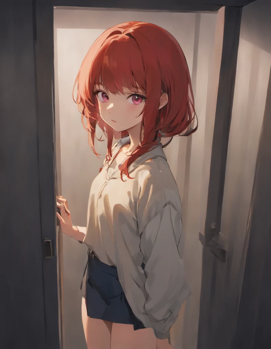 Portrait of a beautiful 18 year old petite teenager, Redhead, Gorgeous Chinese, in cotton panties, At the door, (dark private office, Dark and melancholy light: 1.2)