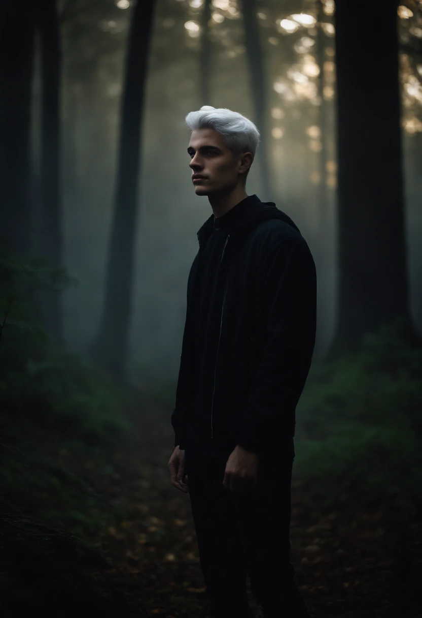 Young man, 20 years old, white hair, two block haircut , dressed in black, standing in the forest at night, magical light, surrounded by fog