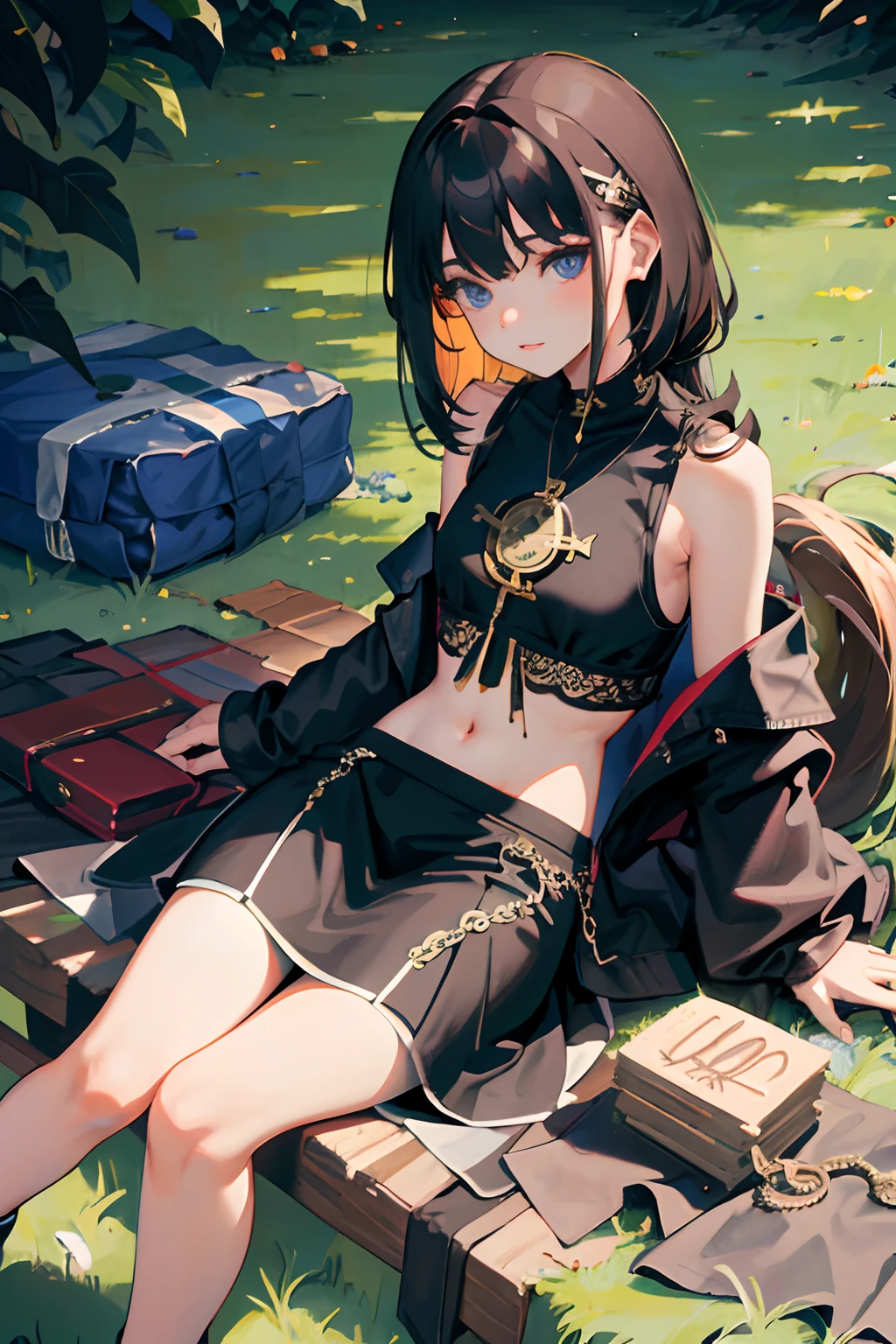 (masterpiece,Highest Quality),Sit on the cobblestones,Treasure Hunter,pentacle,Crop Top Look ,tshirts,Damaged clothing,long skirt,(((10 year old girl 1.6,childish)))