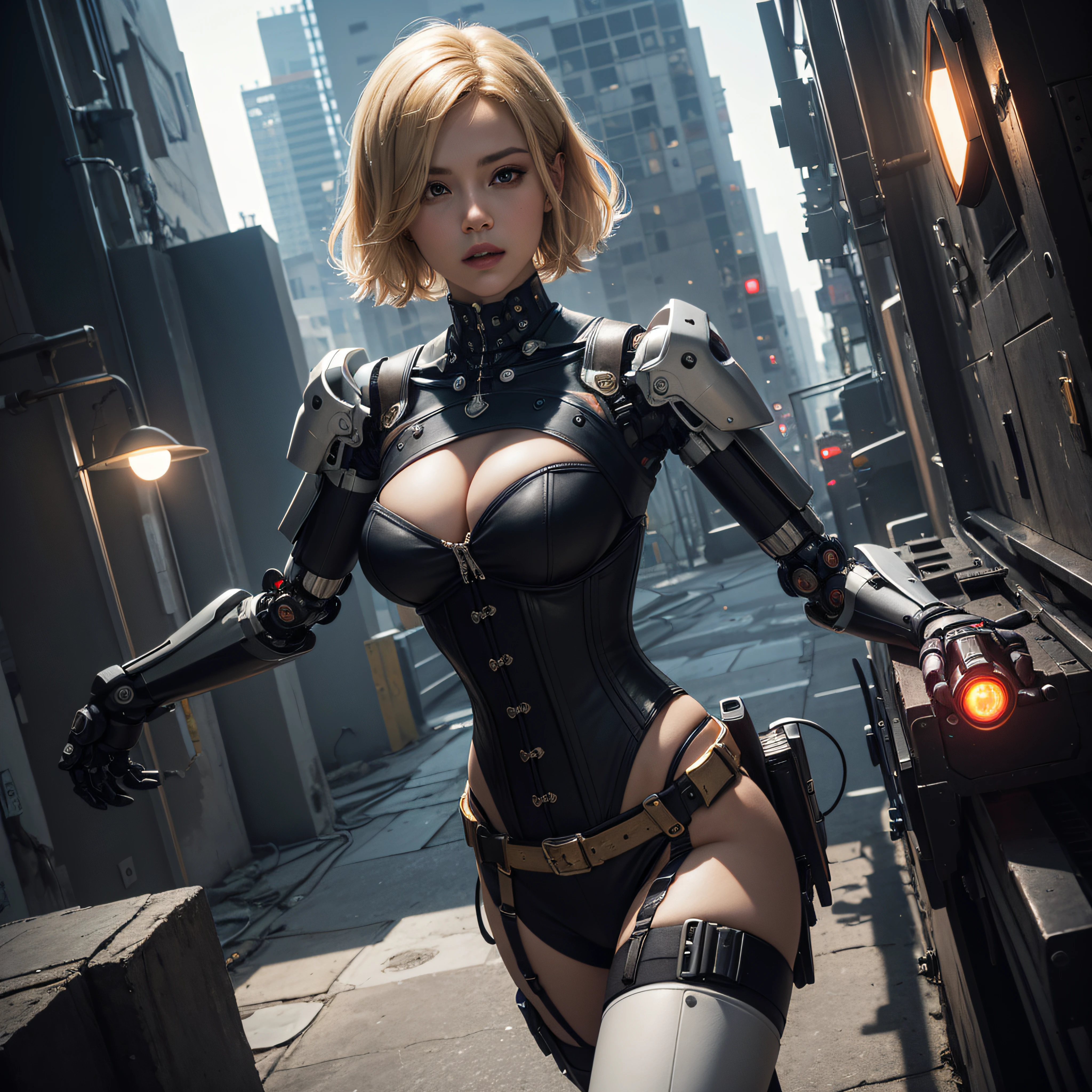 ((calidad superior)), ((obra maestra)), ((realista)), (Los detalles), (fotorrealista:1.5), puppet, marioneta de nadera humanoides tendidos en un piso de concreto, Science-Fiction, HDR, Trazado de rayos, NVIDIA RTX, Los ultra-Highres, Irreal 5, Sub-Surface Scatterring, PBR texturizado, Post-procesamiento, Anisotropic filtering, Profundidad de campos, maximum sharpness and sharpness, Regla de los tercios、8K RAW、(Luminescent Particles:1.4)、(super-detailed CG、Unidad 8k Fondos de pantalla、lighting like a movie、destello de lente、foco nítido. Blonde girl with corset, Robotic Parts, Cannons, Armas, pistola, Arte cyberpunk、arquitectura cyberpunk