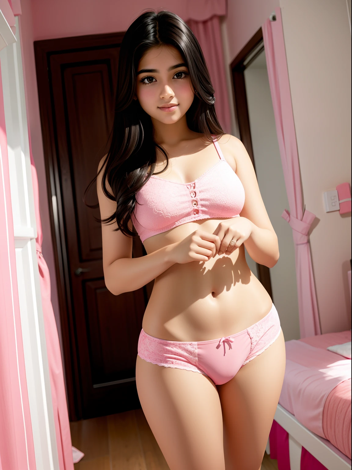 Beautiful cute teen arabian girl. Standing in bedroom. Pink panties. Optimistic. Thicc