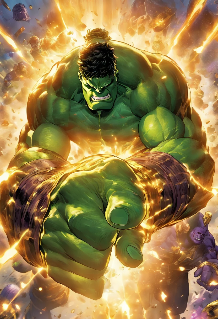 Prepare to witness an unstoppable force as two titans collide in an explosive fusion of Hulk and Thanos. Envision a jaw-dropping image that melds the raw, unbridled power of Hulk with the chilling might of Thanos. Picture a colossal figure, their muscular form bulging with an indomitable strength, as Hulk's emerald skin intertwines with the cosmic energy radiating from Thanos' deadly armor. The fusion manifests a being of unparalleled might, standing tall amidst swirling cosmic energies, their brawny physique crackling with an intense power. Their eyes burn with an eerie blend of Hulk's fury and Thanos' stoic determination, hinting at the immense force ready to be unleashed. The fusion's massive fists, infused with the cosmic energy, tighten with an ominous grip, ready to shatter anything in their path. With a presence that is both awe-inspiring and terrifying, this amalgamation represents the convergence of two indomitable forces, a being that embodies both Hulk's uncontrollable rage and Thanos' unwavering resolve. Brace yourself for the cataclysmic power of this fusion, as it stands as a testament to the unstoppable force that arises when Hulk and Thanos merge into one colossal entity.