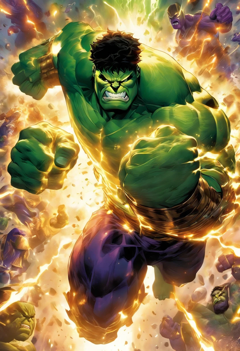 Prepare to witness an unstoppable force as two titans collide in an explosive fusion of Hulk and Thanos. Envision a jaw-dropping image that melds the raw, unbridled power of Hulk with the chilling might of Thanos. Picture a colossal figure, their muscular form bulging with an indomitable strength, as Hulk's emerald skin intertwines with the cosmic energy radiating from Thanos' deadly armor. The fusion manifests a being of unparalleled might, standing tall amidst swirling cosmic energies, their brawny physique crackling with an intense power. Their eyes burn with an eerie blend of Hulk's fury and Thanos' stoic determination, hinting at the immense force ready to be unleashed. The fusion's massive fists, infused with the cosmic energy, tighten with an ominous grip, ready to shatter anything in their path. With a presence that is both awe-inspiring and terrifying, this amalgamation represents the convergence of two indomitable forces, a being that embodies both Hulk's uncontrollable rage and Thanos' unwavering resolve. Brace yourself for the cataclysmic power of this fusion, as it stands as a testament to the unstoppable force that arises when Hulk and Thanos merge into one colossal entity.