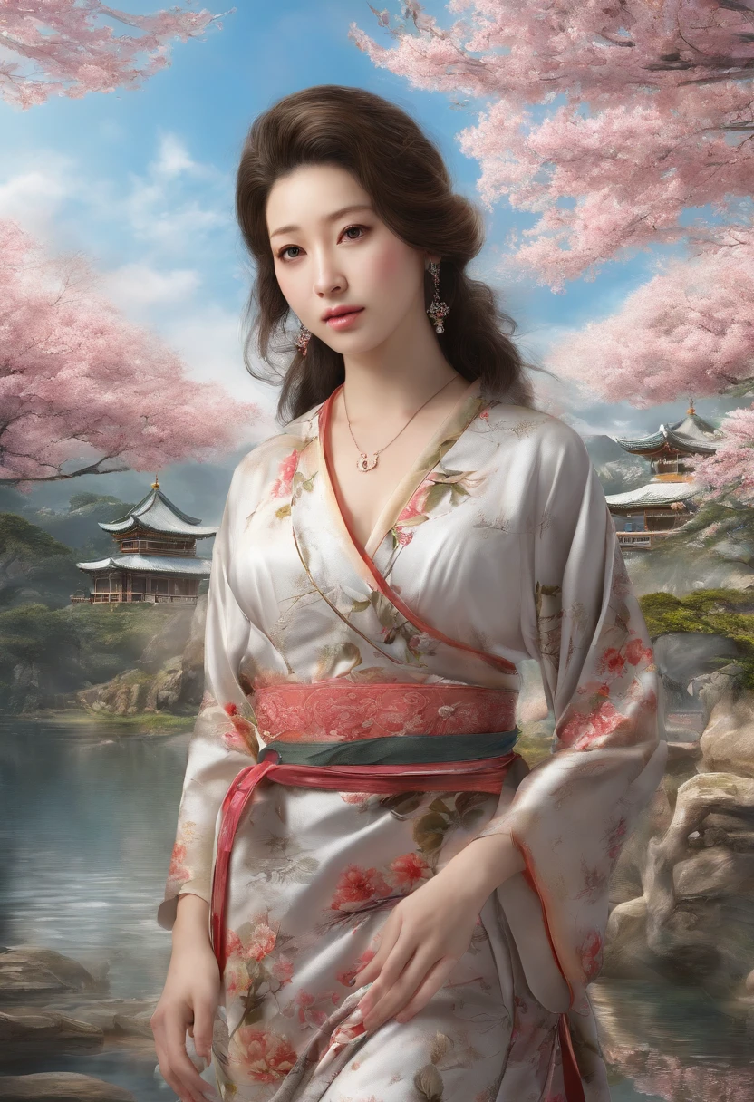 Envision a poised young lady exuding grace as she delicately holds a branch adorned with cherry blossoms. Surround her with a traditional Japanese garden, resplendent in vivid blooms, tranquil koi ponds, and an intricately designed pagoda. Allow the gentle radiance of the emerging sun to bathe the scene, imbuing it with an air of tranquility, allure, and enigmatic charm.