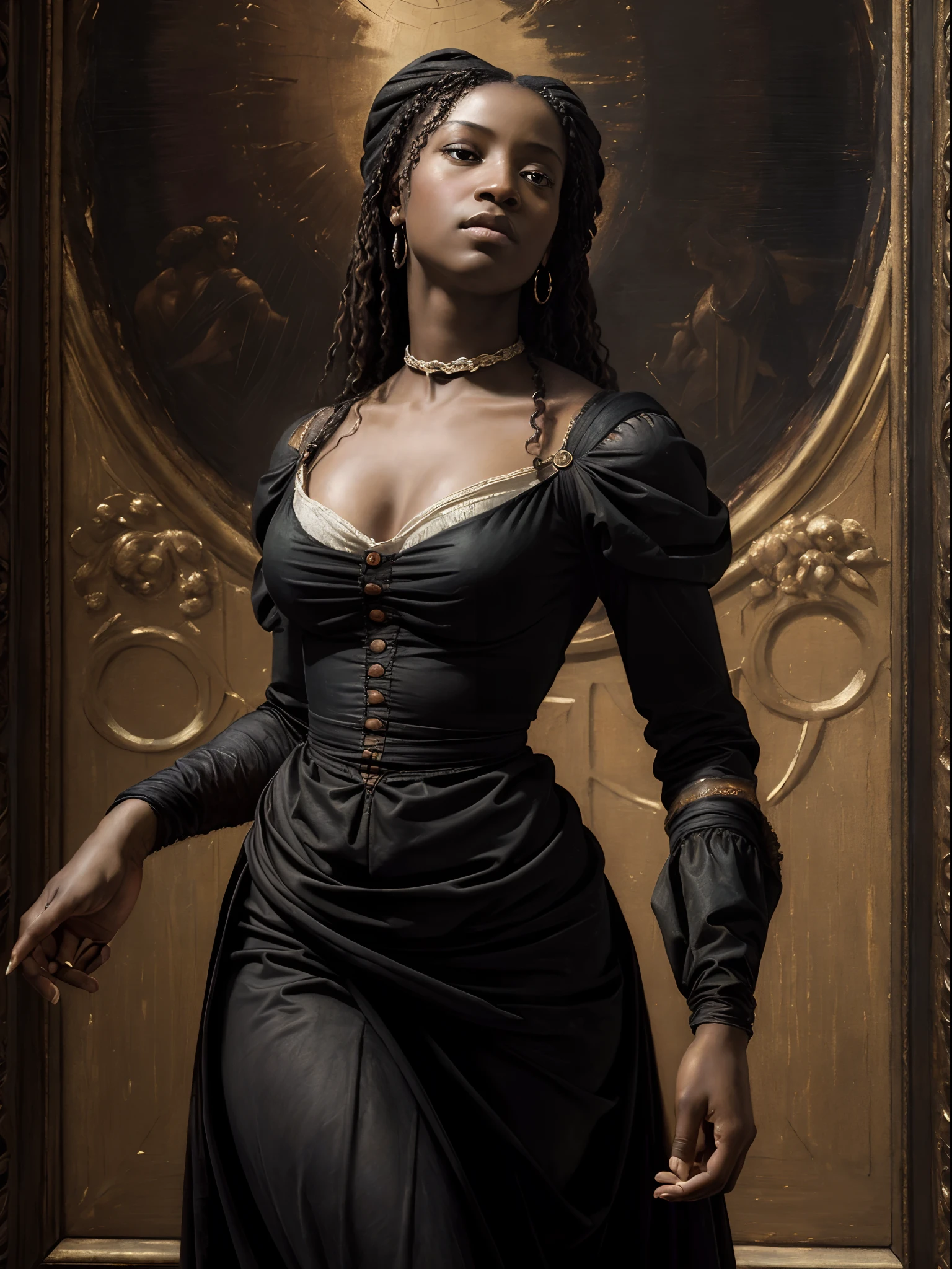 (Renaissance oil painting of beautiful black woman:1.3), Best Quality, Masterpiece, expressive, thrilling, 256K, Epic, Crepuscular lighting, (par Michelangelo, by Raphael, by Rubens:1.2), chiaroscuro, Best Quality, Masterpiece, (The best hands)