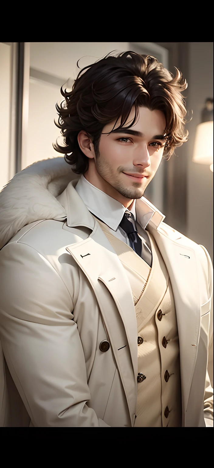 A man with a white coat and thick hair, a handsome face With a sweet smile