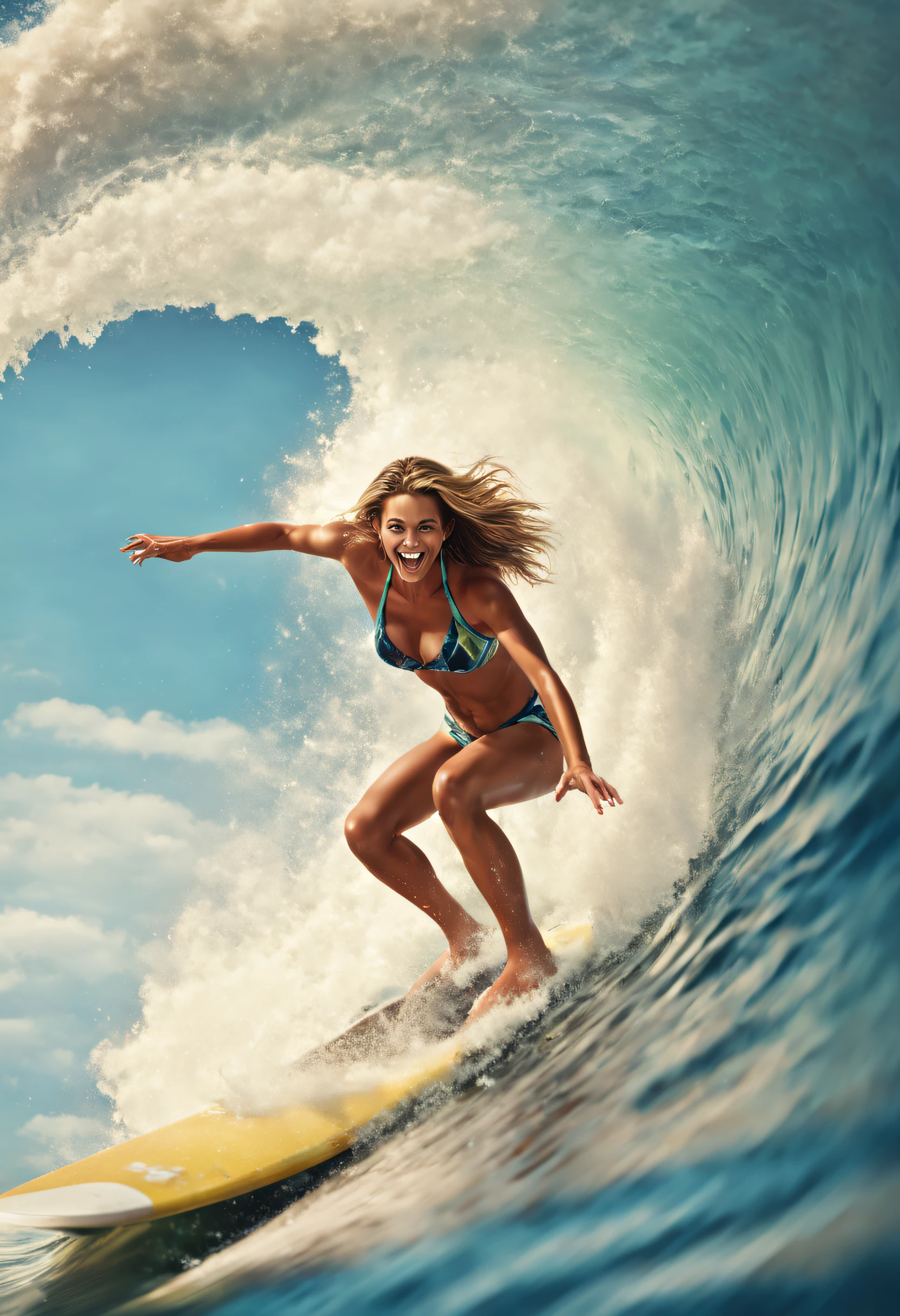 1 girl, A beautiful girl in bikini surfing, surfing a big wave tube, smiling, wide open eyes, looking at viewer, (random hairstyles), (full body:1.5), (photorealistic:1.4), Best quality, 8k, Masterpiece, raw photo, (wide angle lens:1.8), Ultra-detailed face, Detailed eyes, (((nice hand, perfect hand)))