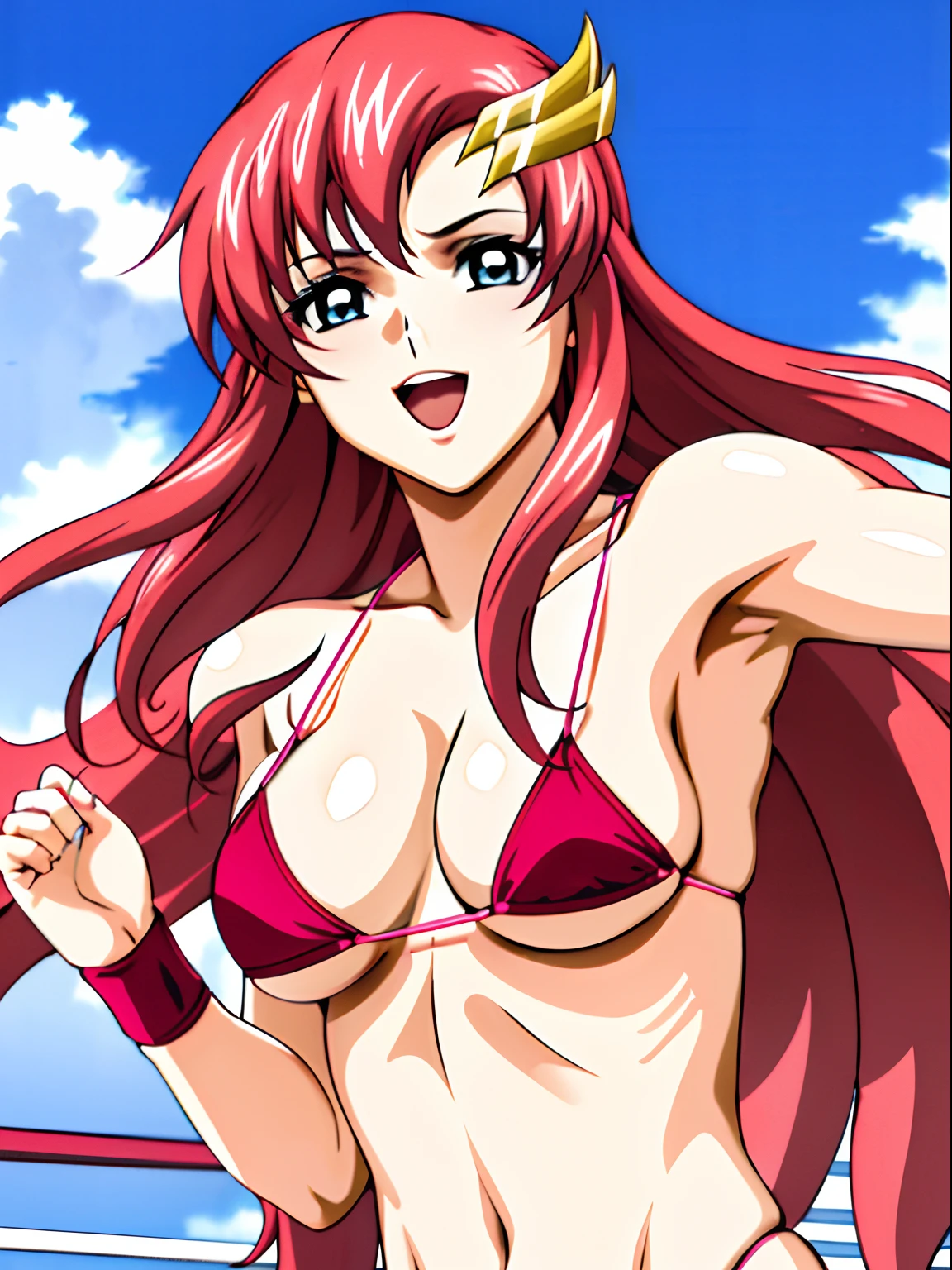 (masterpiece, upper body view, 4K, Best Quality, Anime style: 1.9,, Adult Woman, ultra detailed face, (cloud background, wrestling), Drawing lines, high resolution, Anime, lacus4), 1girl, Solo, curvy figure, Long hair, 鎖骨, scapular, (Detailed wide hair bangs, Hair Ornament, Detailed reddish-pink hair, golden crest), cleavage, large hands, (female wrestler). (Big blue eyes, shiny eyes), ((female wrestler, little biceps, slender body, broad shoulders, closed fists)), ((perfect proportions, medium breasts, long belly)), (((micro bikini, pink wrestling gear, champion))), happy, smile, open mouth, (belly dancing, looking at the viewer), , showing off underarm, (elegant lady), random pose
