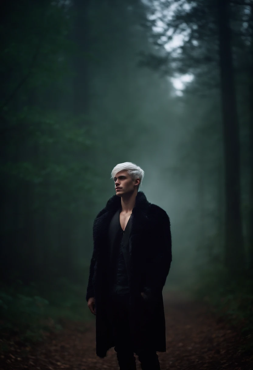 Young man, 20 years old, white hair, two block haircut , shirtless wearing a black fur coat, standing in the forest at night, magical light, surrounded by fog