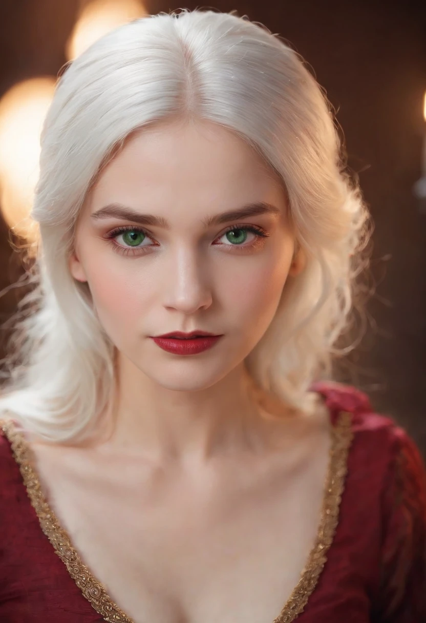 (((a deep reddish wound crosses her left cheek))) fair complexion, woman around 19 years old, natural white hair, distinctive green eyes, wearing kohl, slender and graceful, beautiful, candlelight in a medieval setting, ultra sharp focus, realistic shot, medieval female clothes, tetradic colors (scar:1.4),indian